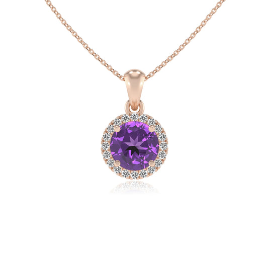 lab grown amethyst round solitaire necklaces in rose gold
