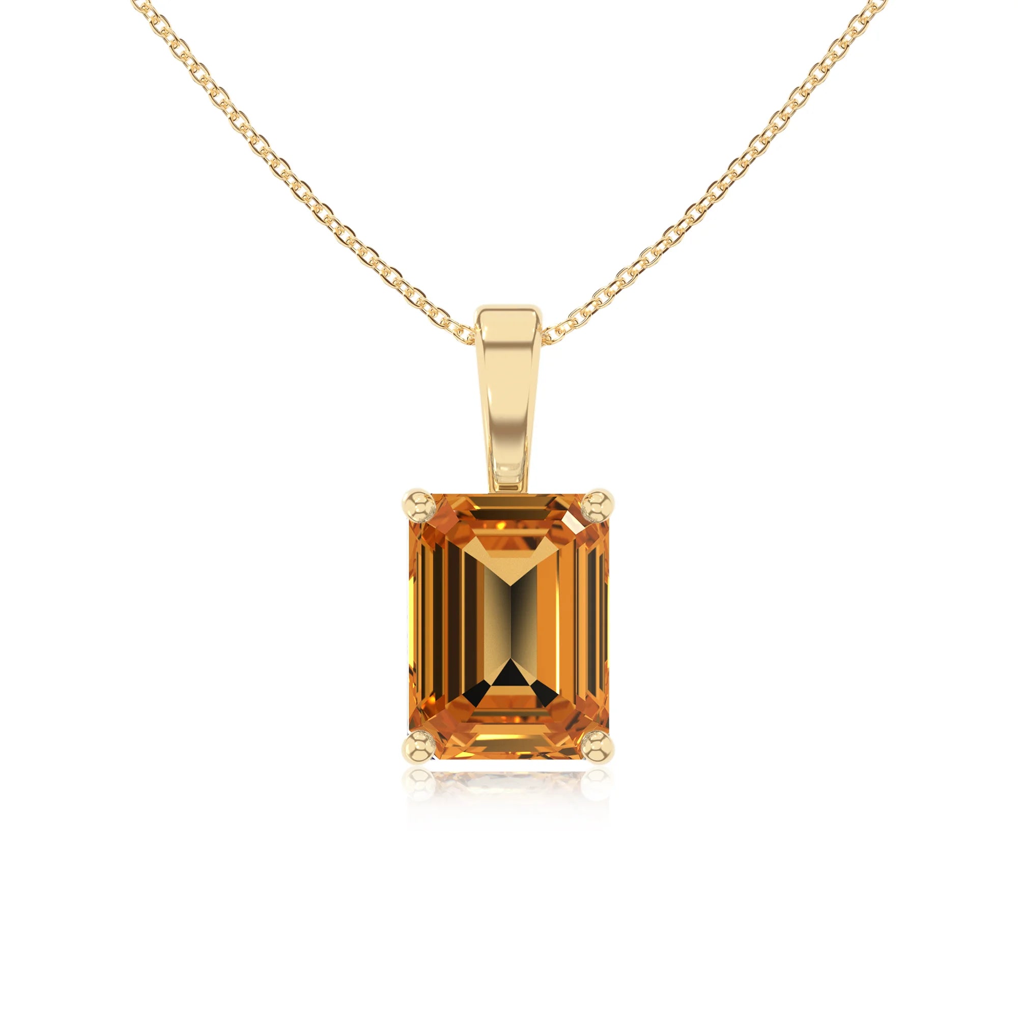 lab grown citrine emerald cut solitaire necklaces in yellow gold