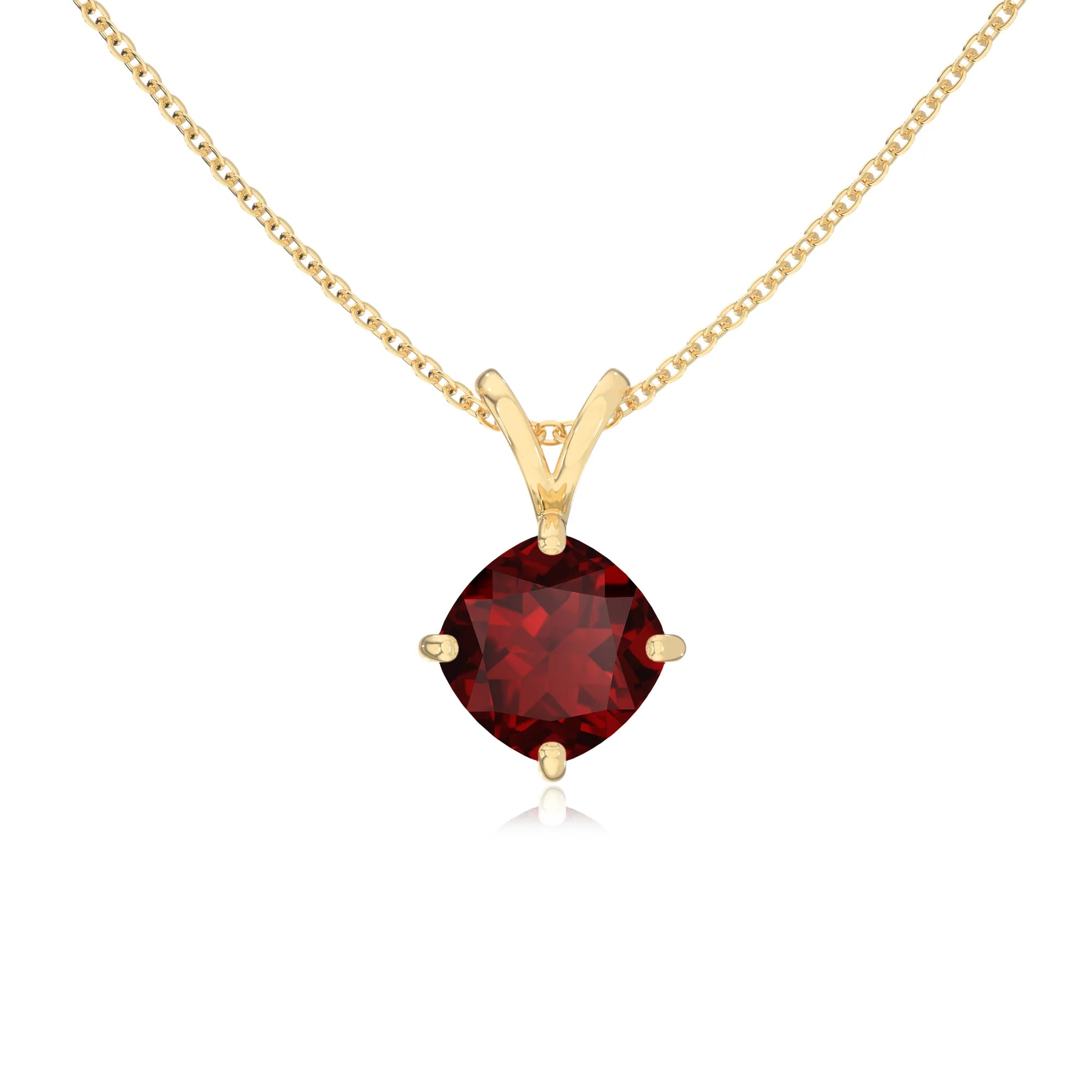 natural garnet cushion solitaire v-bale necklaces in yellow gold