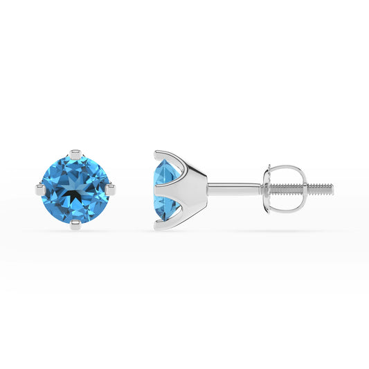 natural swiss blue topaz round stud earrings in white gold