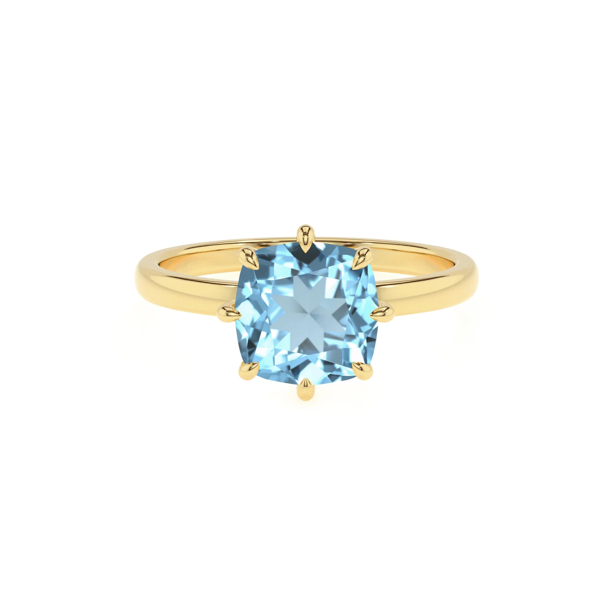 lab grown aquamarine cushion solitaire rings in yellow gold