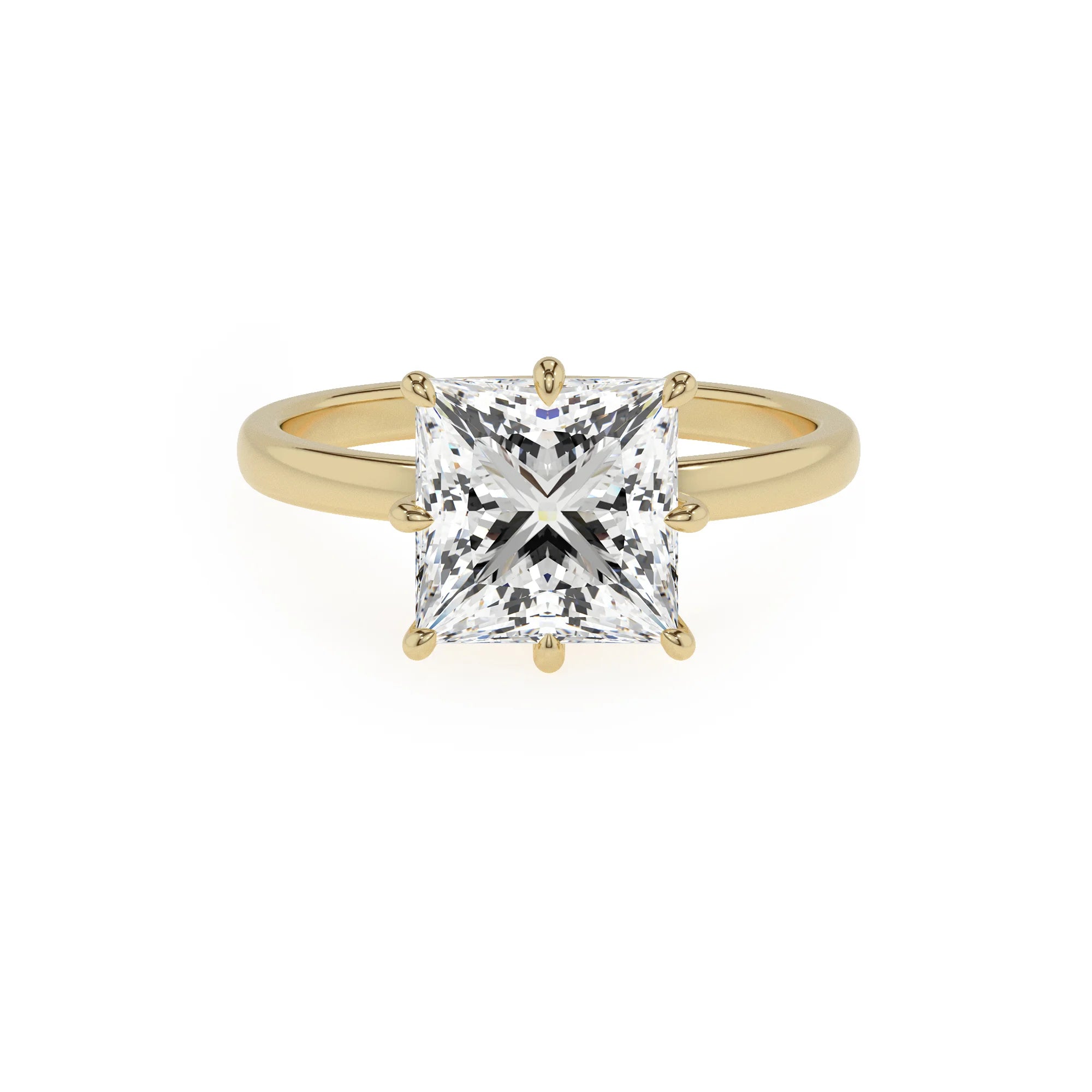 lab grown moissanite princess solitaire rings in yellow gold