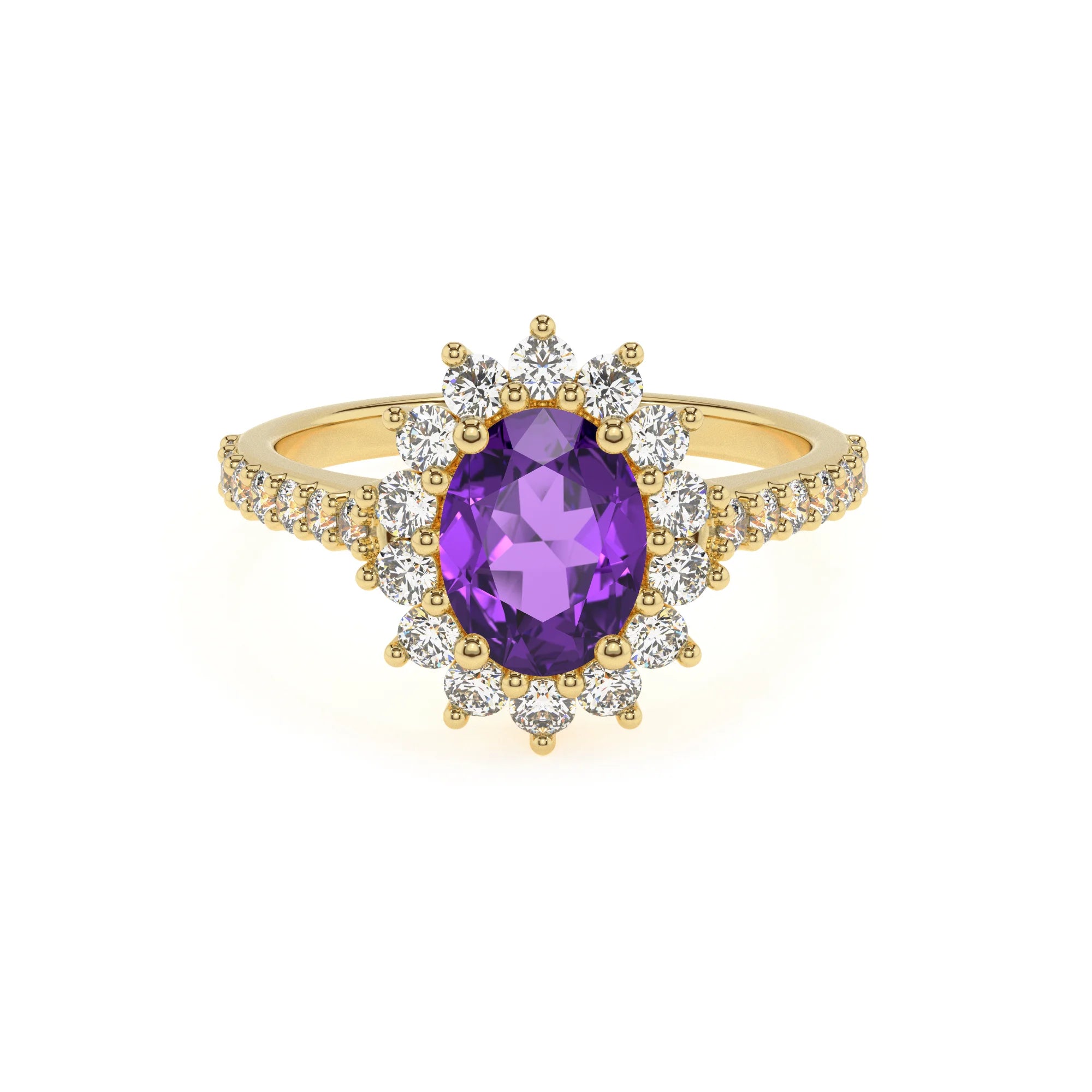 lab grown amethyst oval solitaire rings in yellow gold