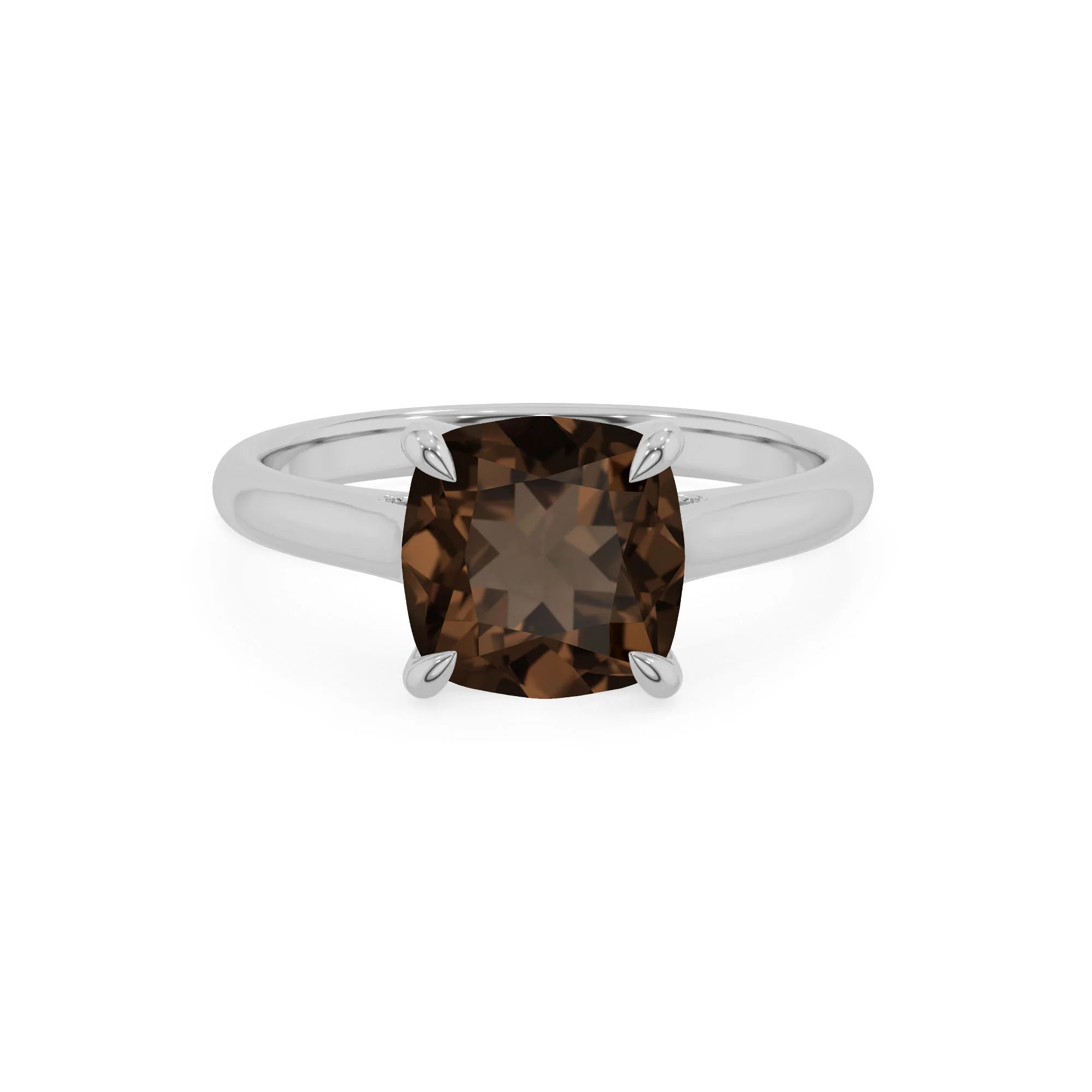 natural smoky-quartz cushion solitaire rings in white gold