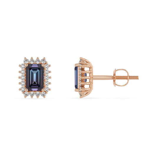 lab grown alexandrite emerald cut stud earrings in rose gold