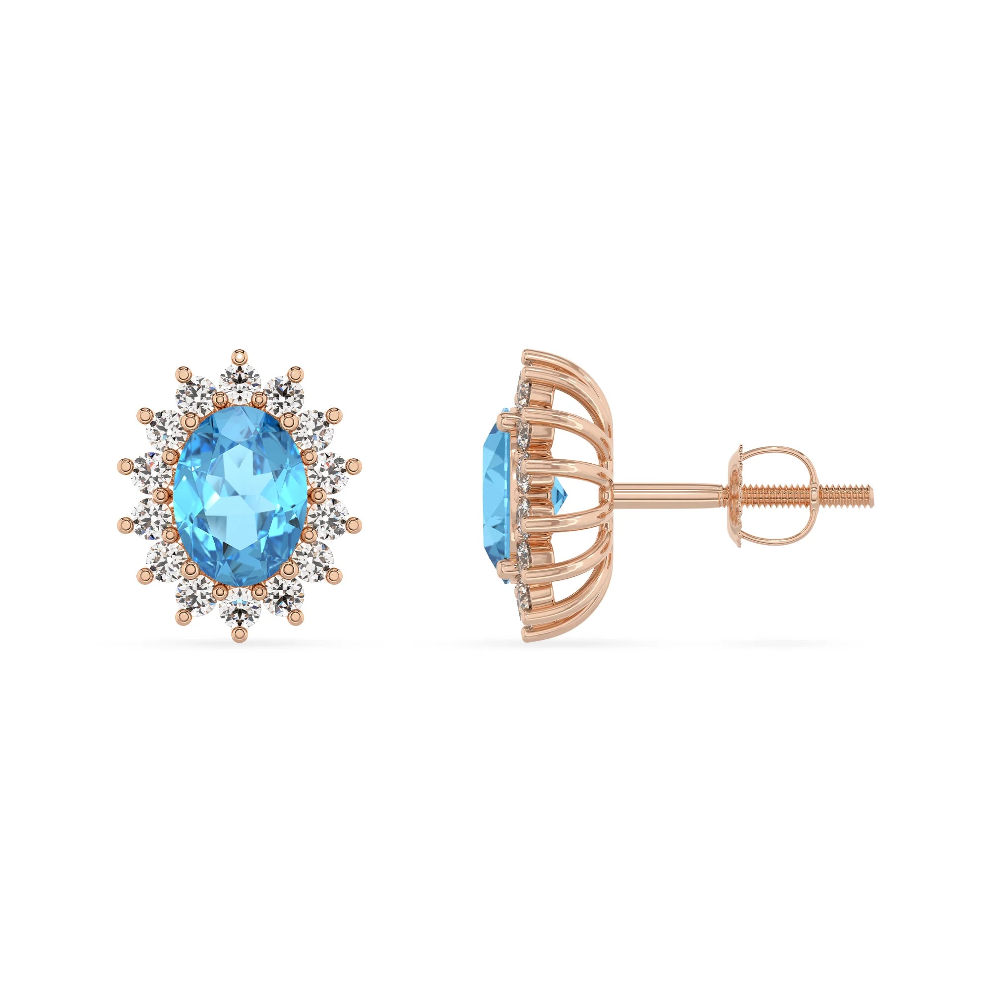 natural swiss blue topaz oval stud earrings in rose gold