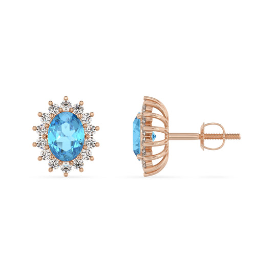 natural swiss blue topaz oval stud earrings in rose gold