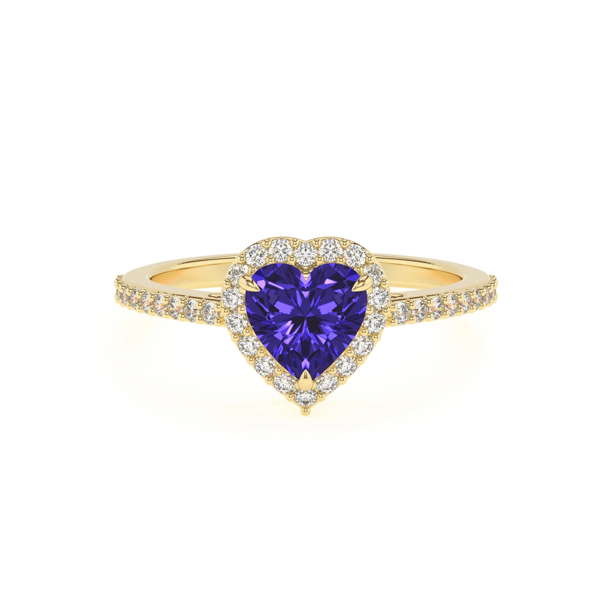 lab grown tanzanite heart solitaire rings in yellow gold