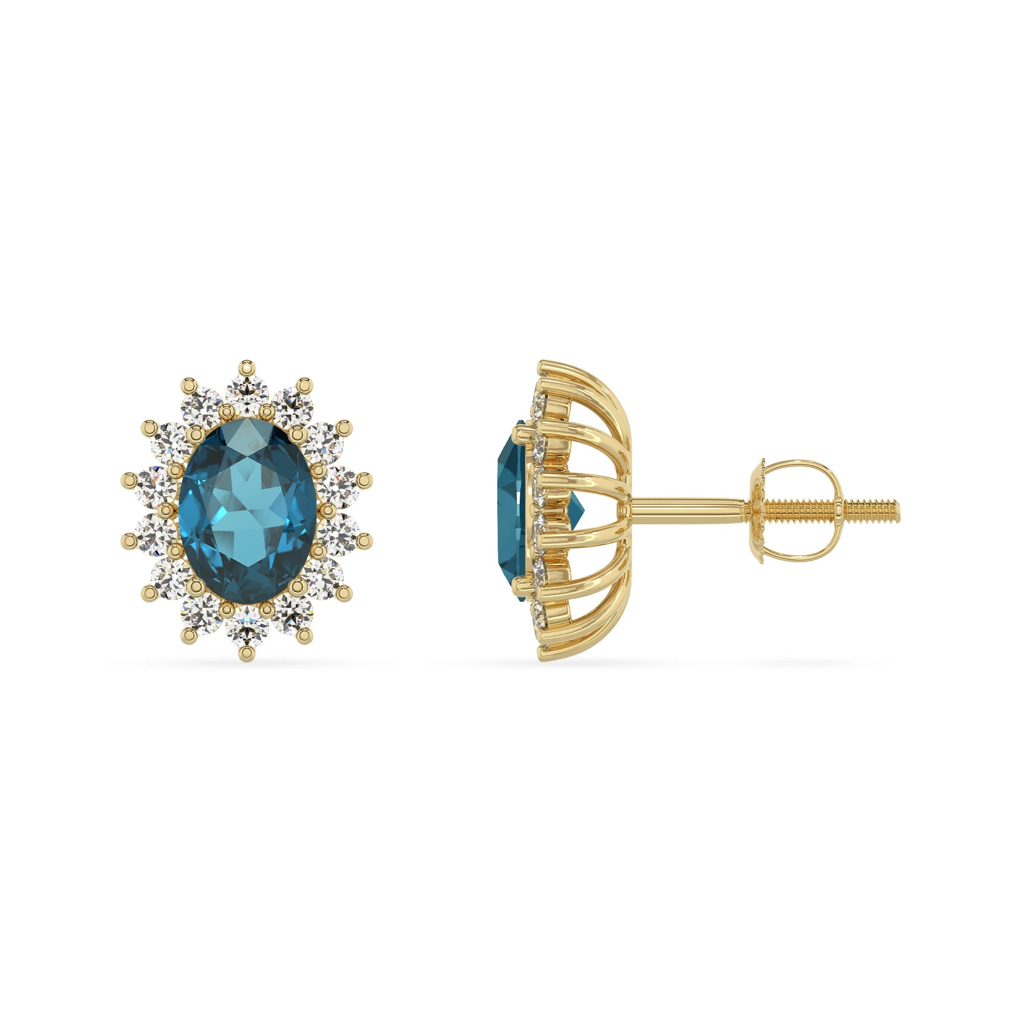 natural london blue topaz oval stud earrings in yellow gold