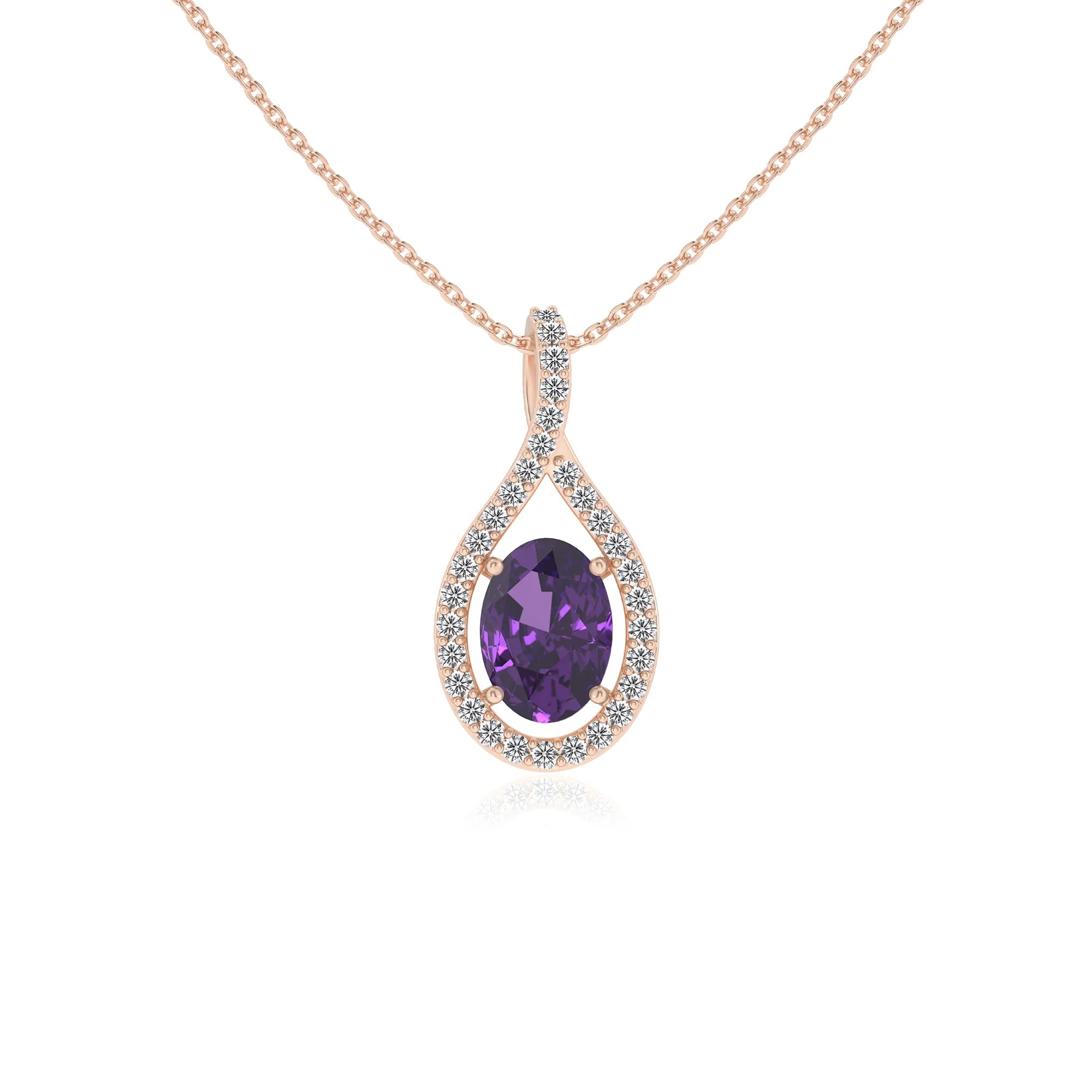 lab grown amethyst oval solitaire necklaces in rose gold