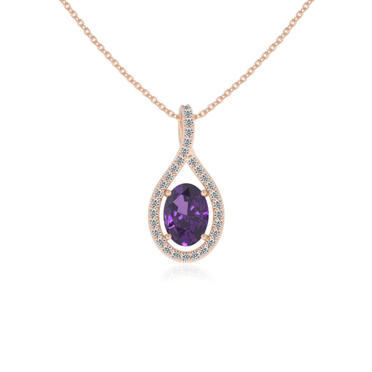 lab grown amethyst oval solitaire necklaces in rose gold