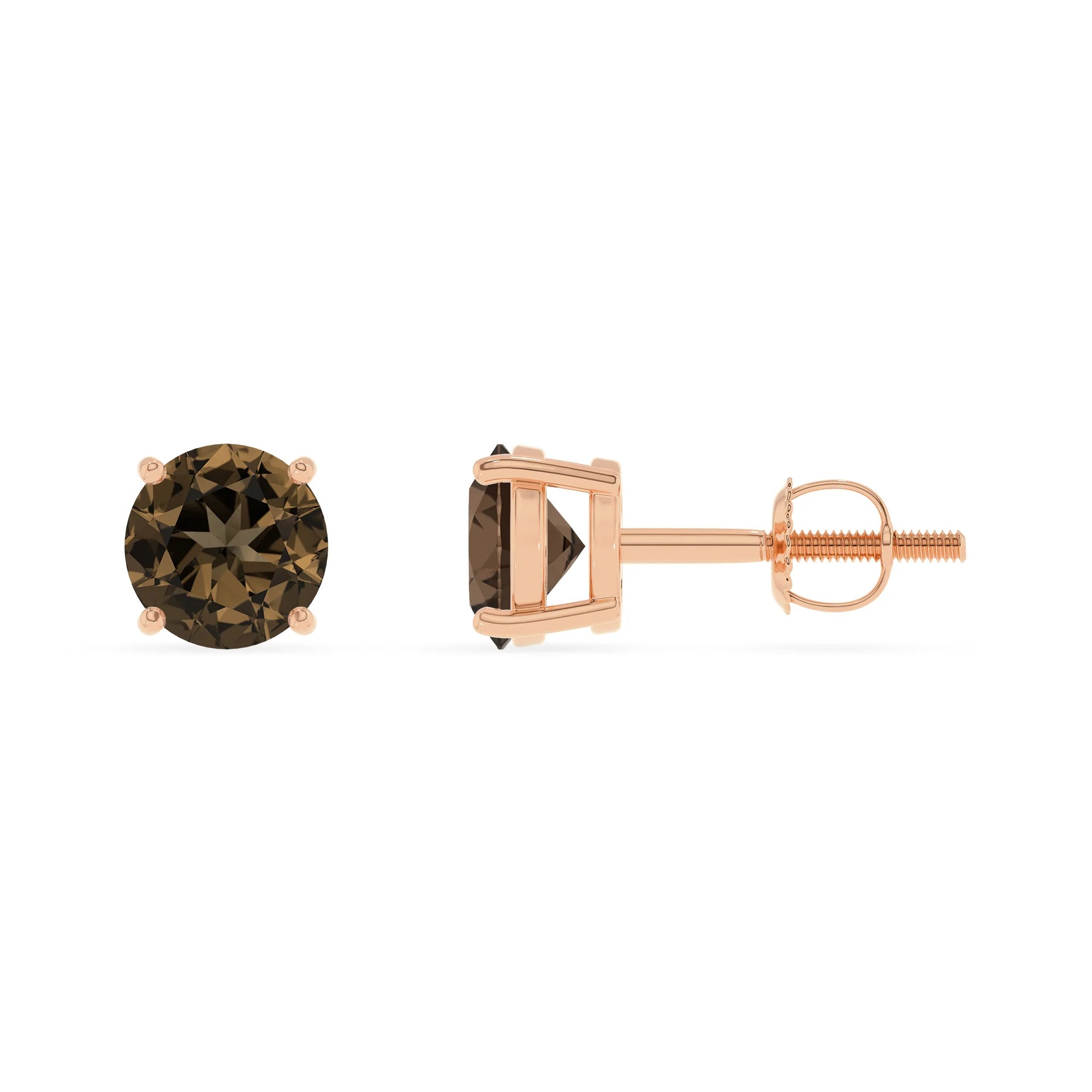 natural smoky quartz round stud earrings in rose gold