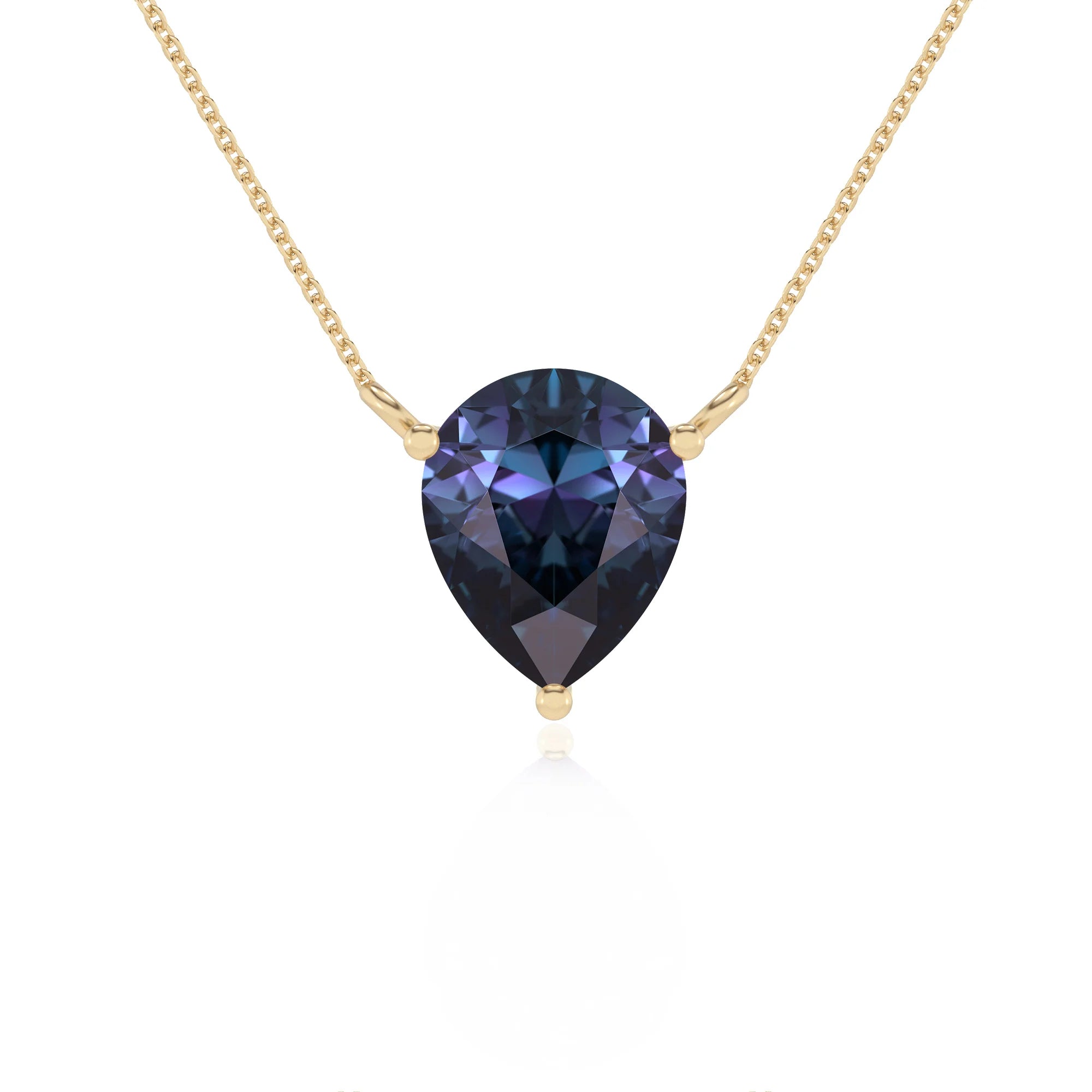 lab grown alexandrite pear solitaire necklaces in yellow gold