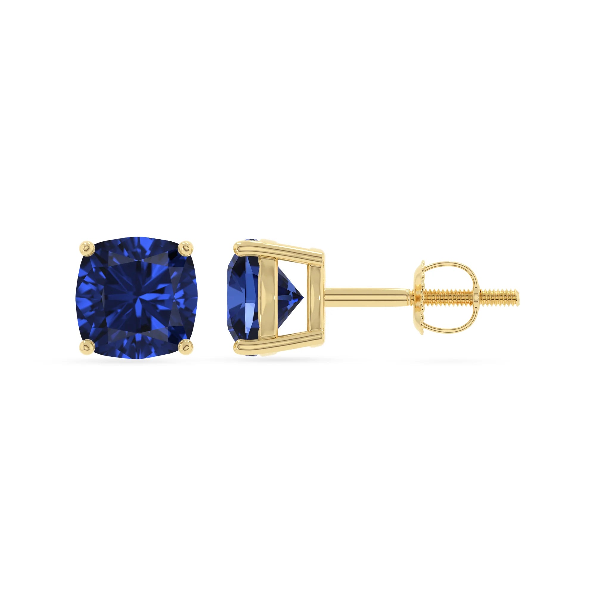 lab grown blue sapphire cushion stud earrings in yellow gold