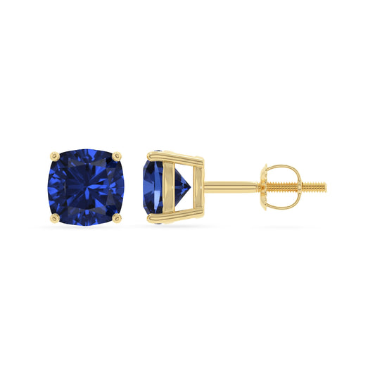 lab grown blue sapphire cushion stud earrings in yellow gold