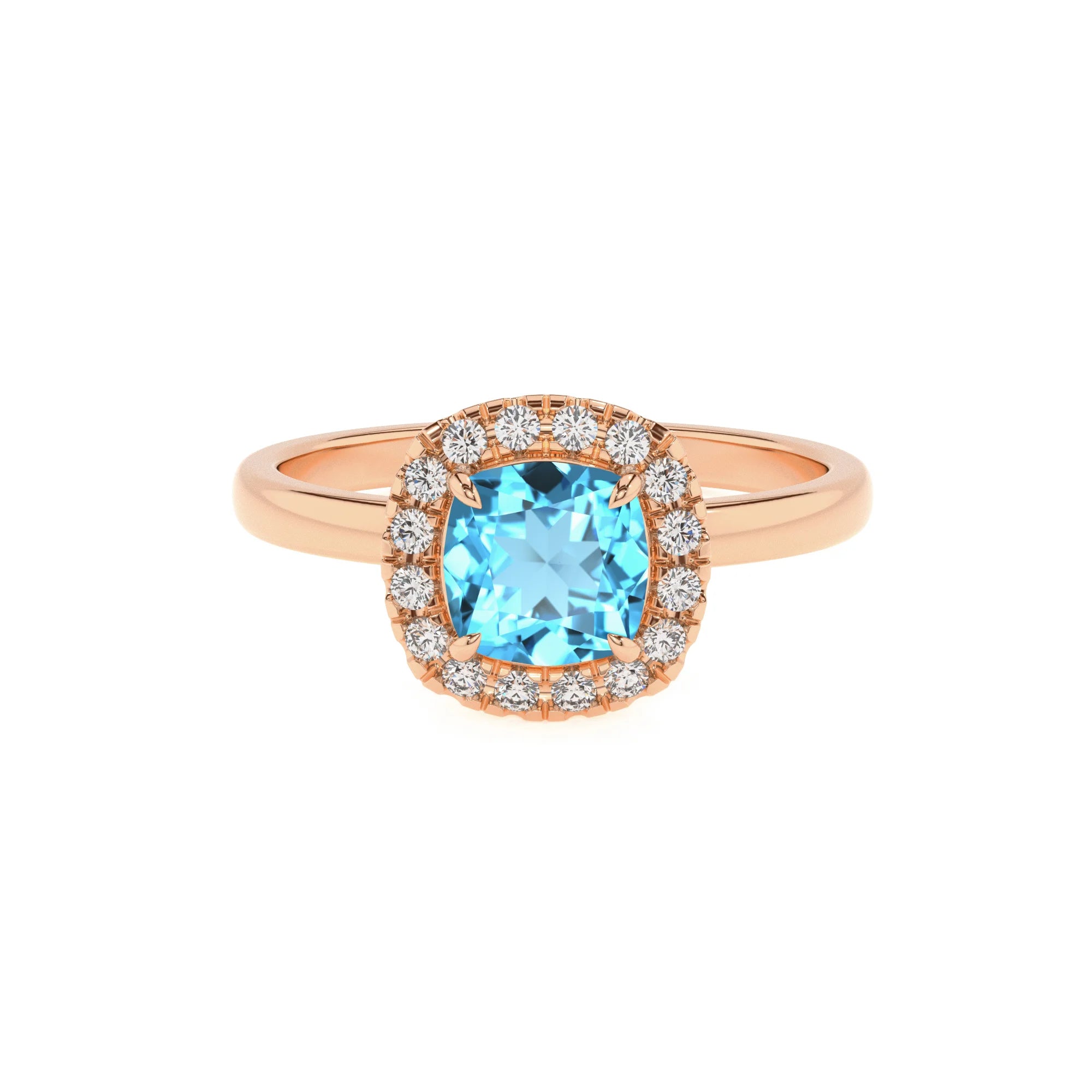 natural swiss-blue-topaz cushion solitaire rings in rose gold