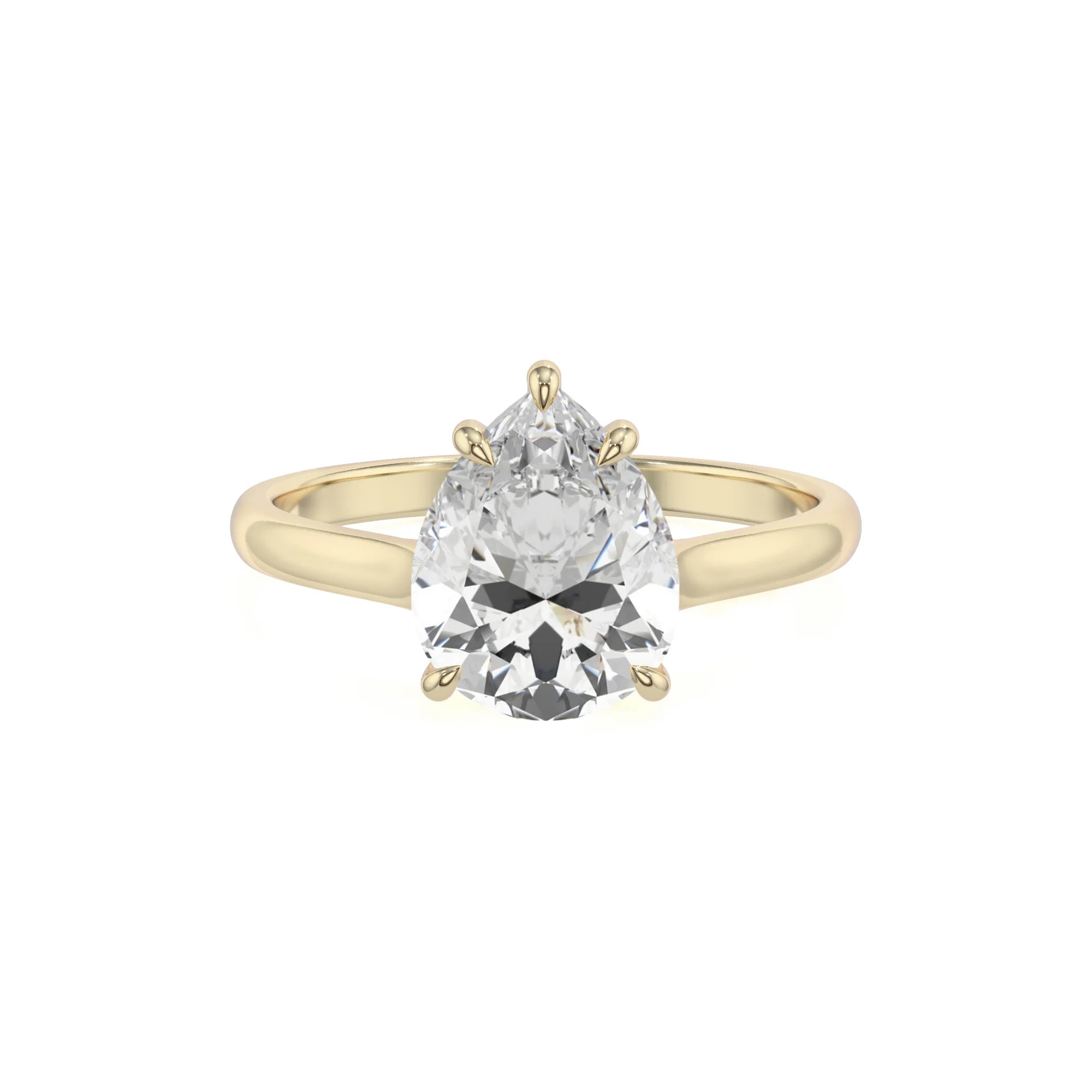 lab grown moissanite pear solitaire rings in yellow gold