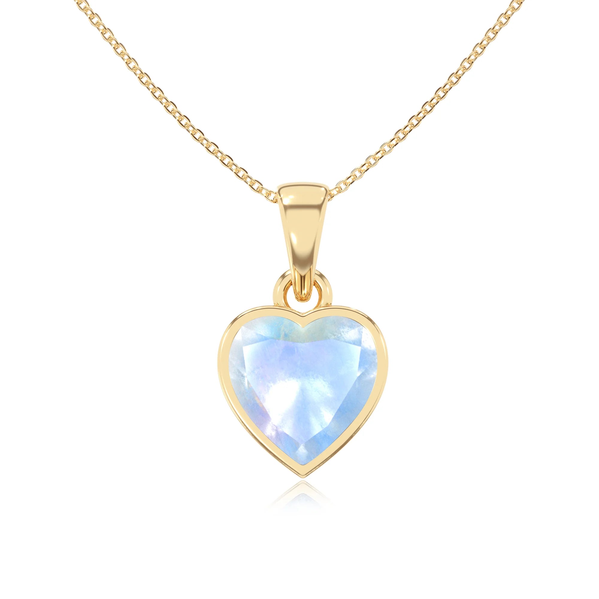 natural rainbow-moonstone heart solitaire necklaces in yellow gold