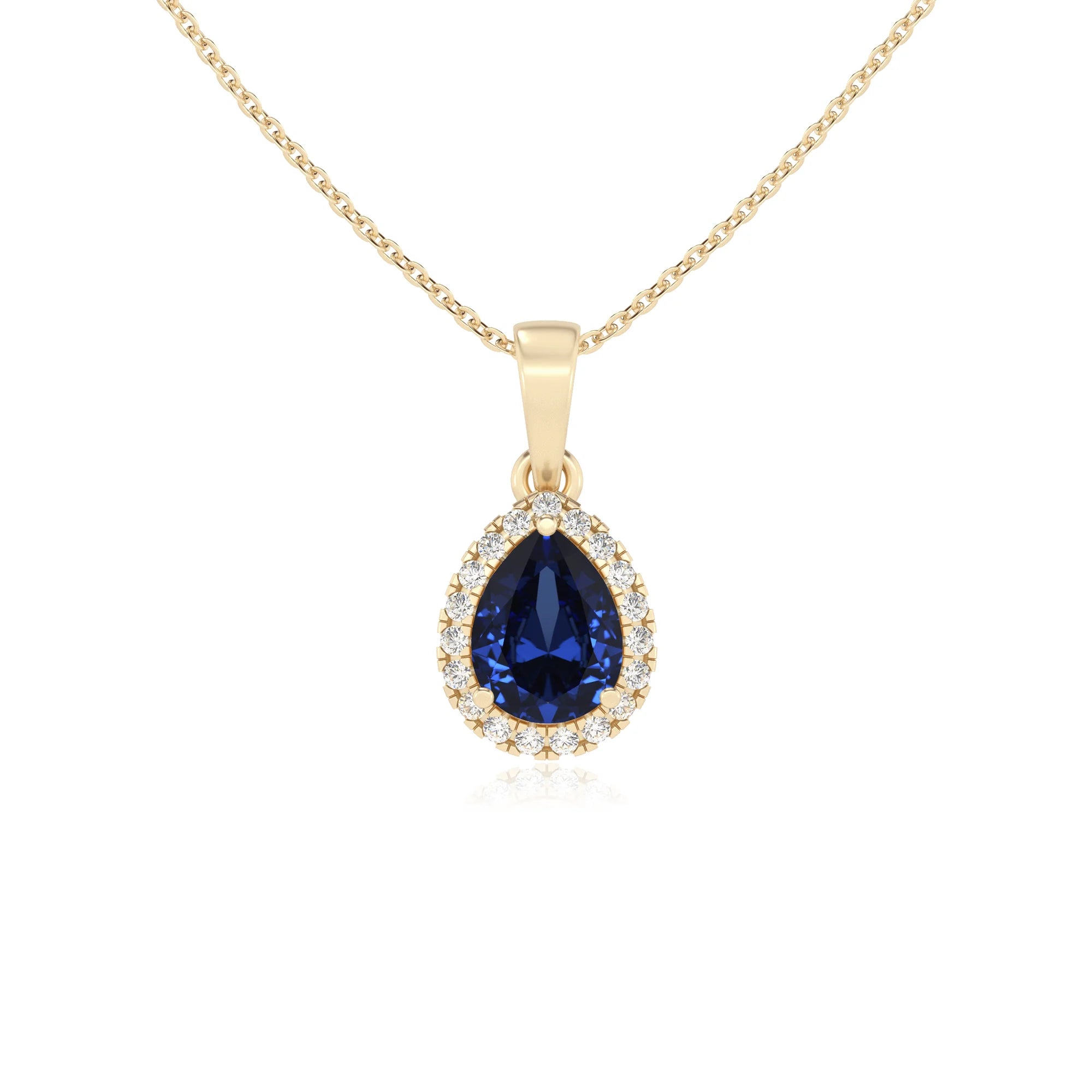 lab grown blue-sapphire pear solitaire necklaces in yellow gold