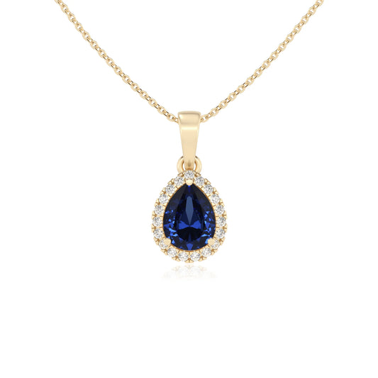 lab grown blue-sapphire pear solitaire necklaces in yellow gold