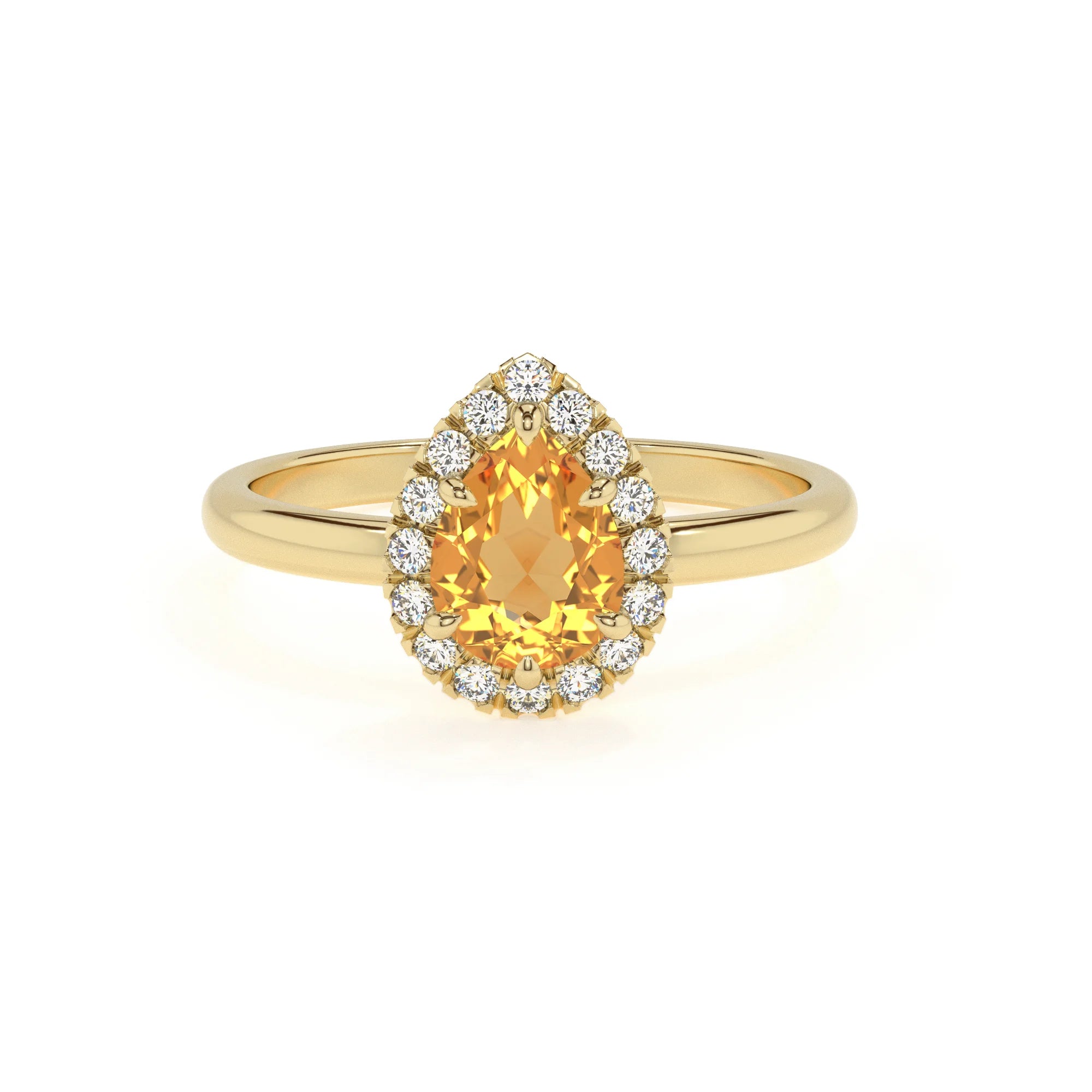 lab grown citrine pear solitaire rings in yellow gold