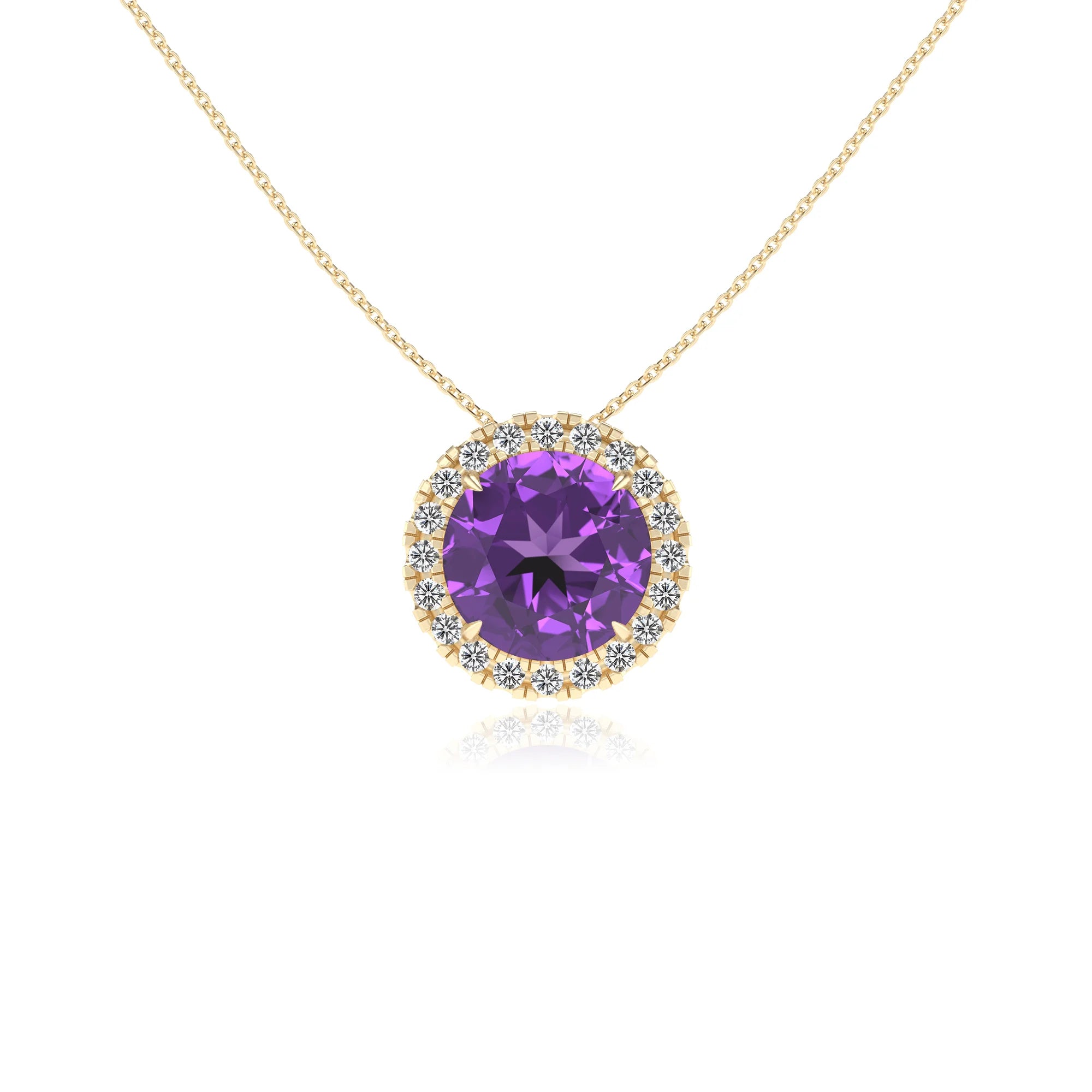lab grown amethyst round solitaire necklaces in yellow gold