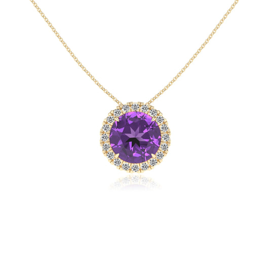lab grown amethyst round solitaire necklaces in yellow gold