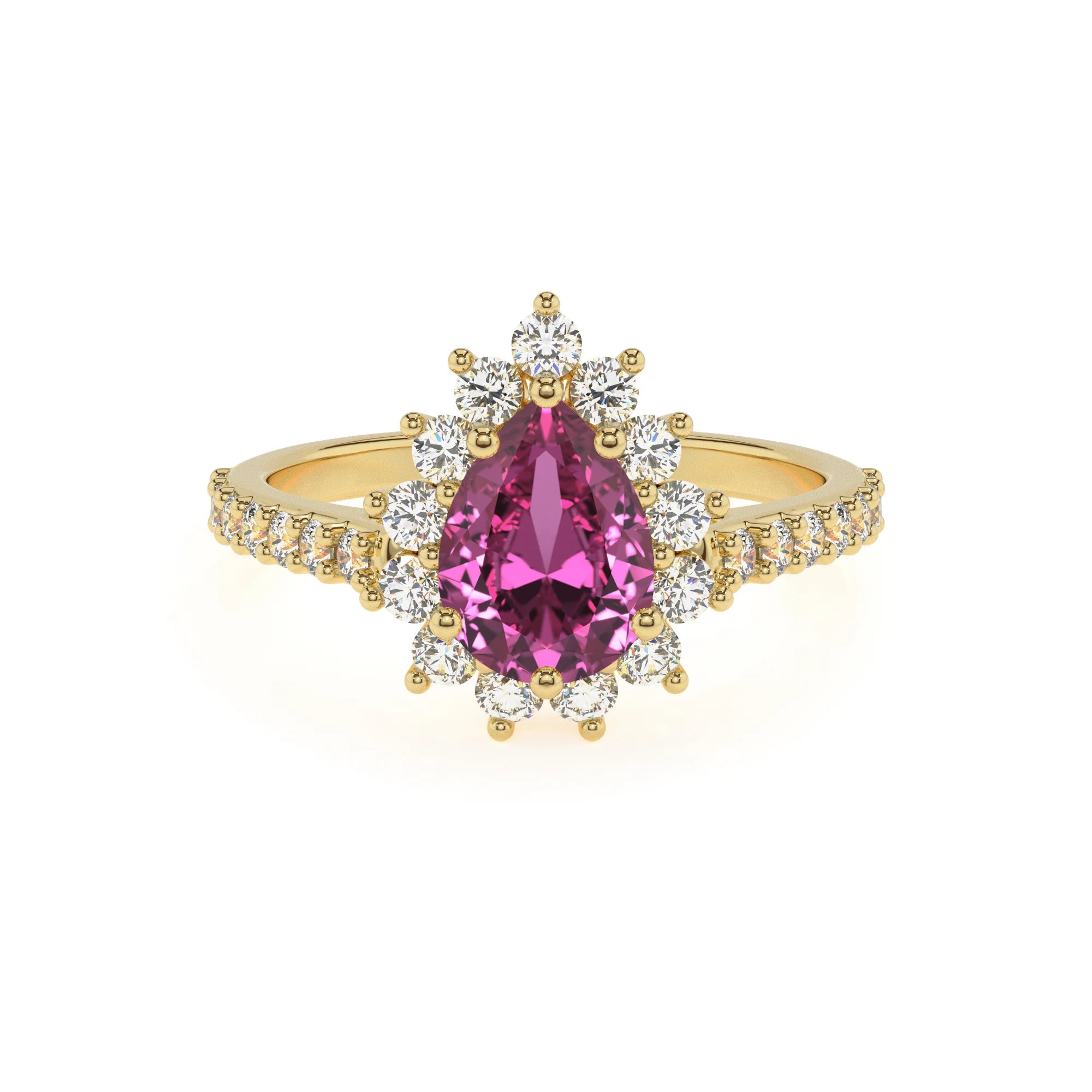 lab grown pink-sapphire pear solitaire rings in yellow gold