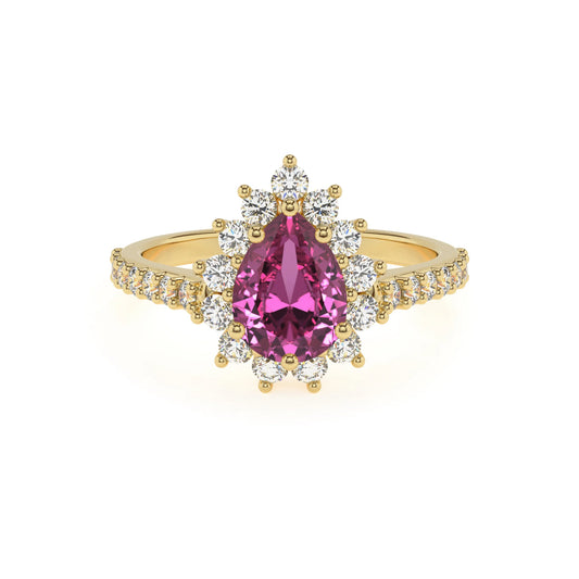 lab grown pink-sapphire pear solitaire rings in yellow gold