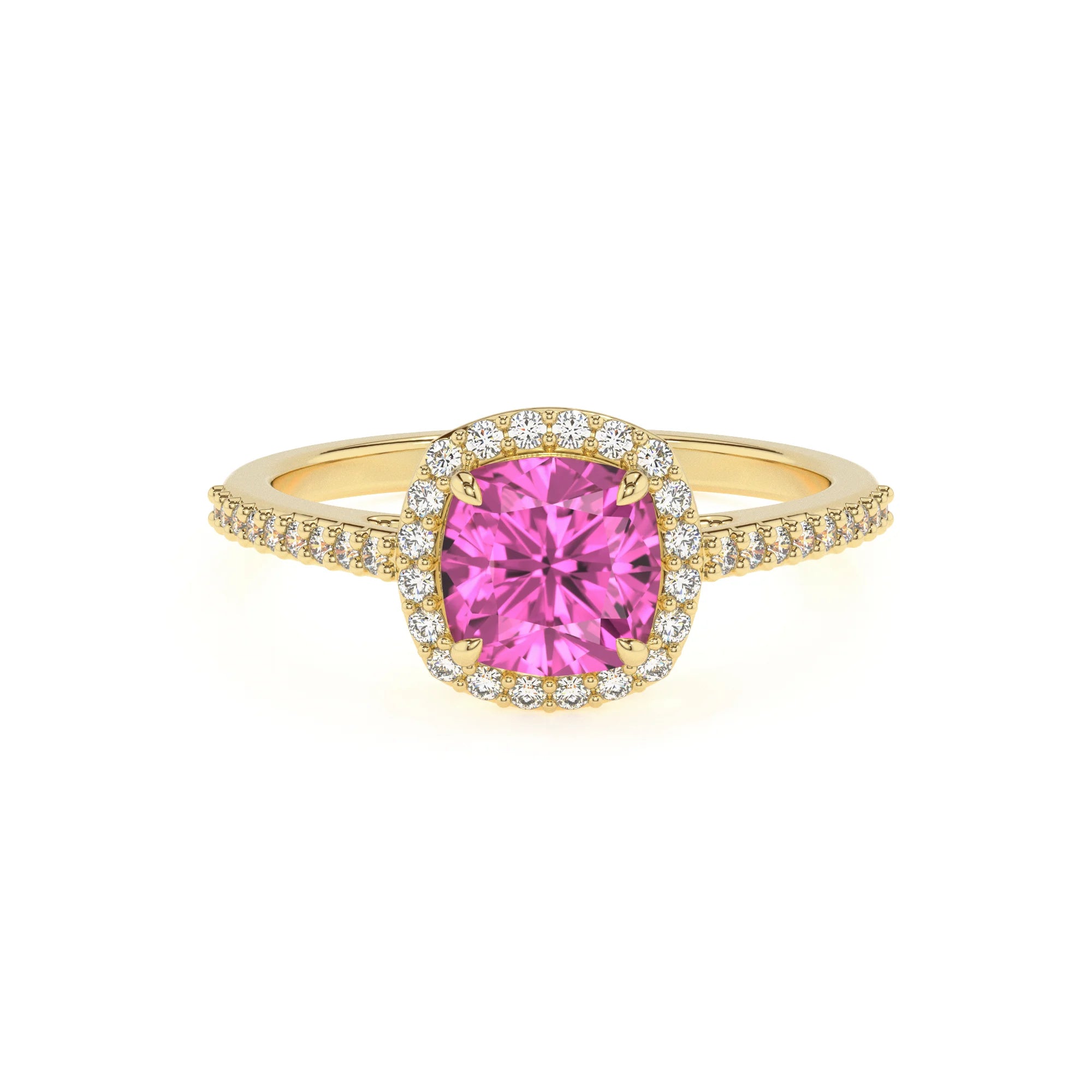 lab grown pink-sapphire cushion solitaire rings in yellow gold