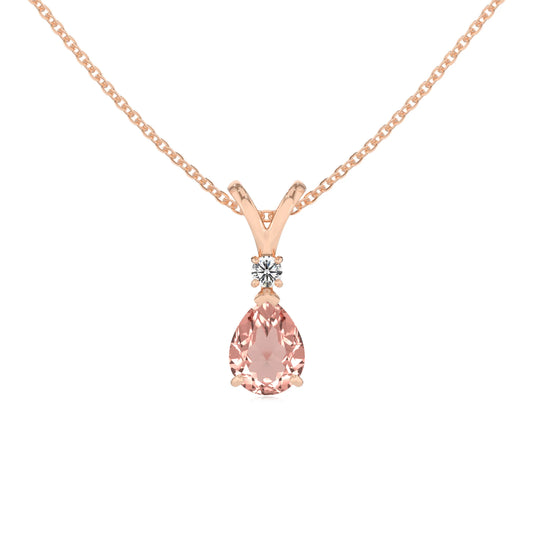 lab grown morganite pear solitaire v-bale necklaces in rose gold