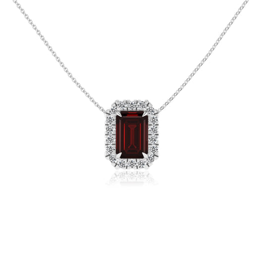 natural garnet emerald cut solitaire necklaces in white gold