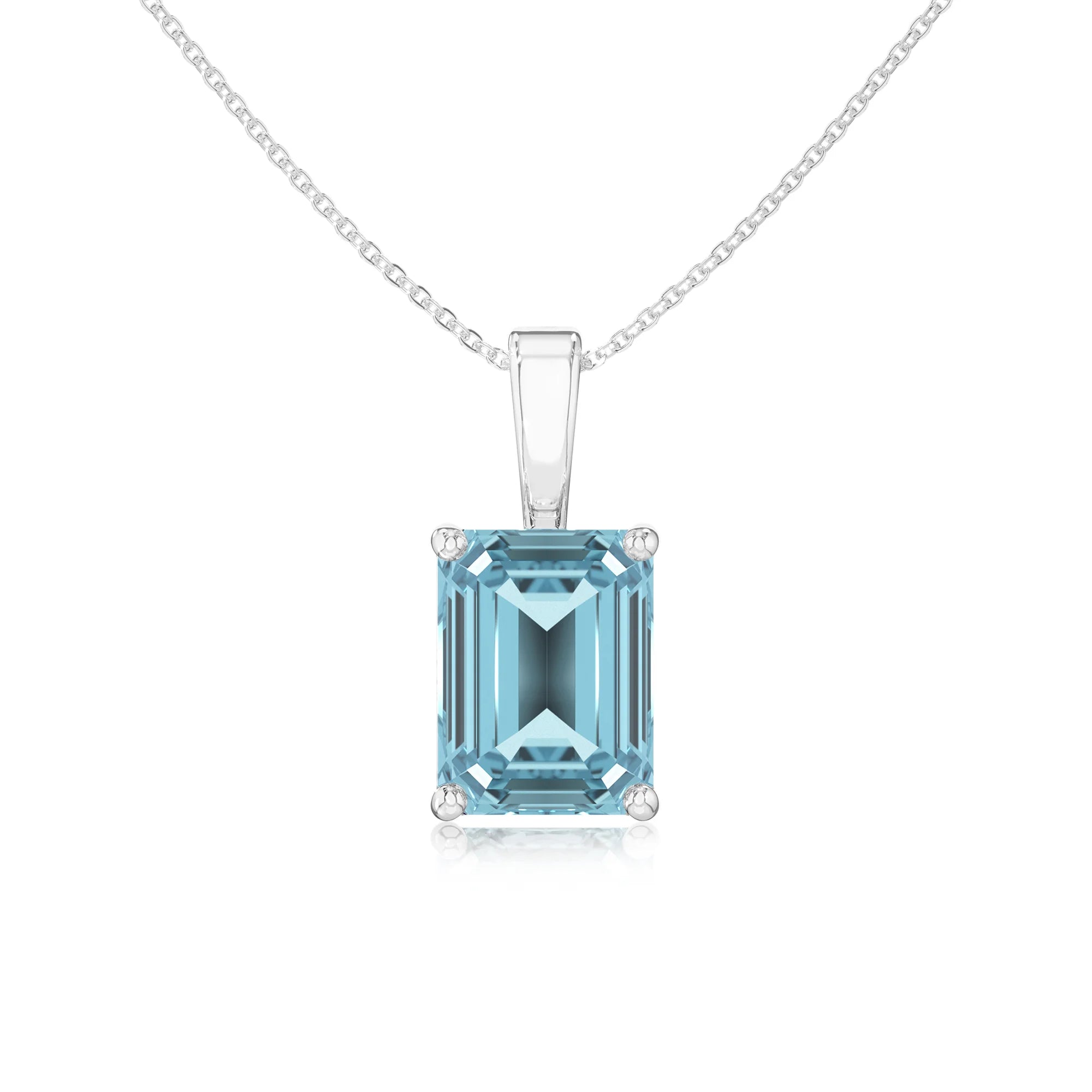 lab grown aquamarine emerald cut solitaire necklaces in sterling silver