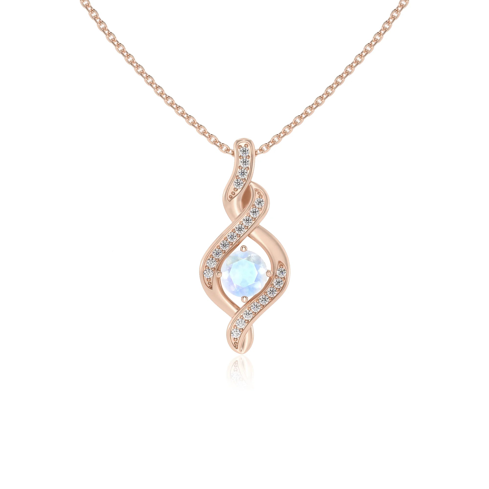 natural rainbow-moonstone round solitaire necklaces in rose gold