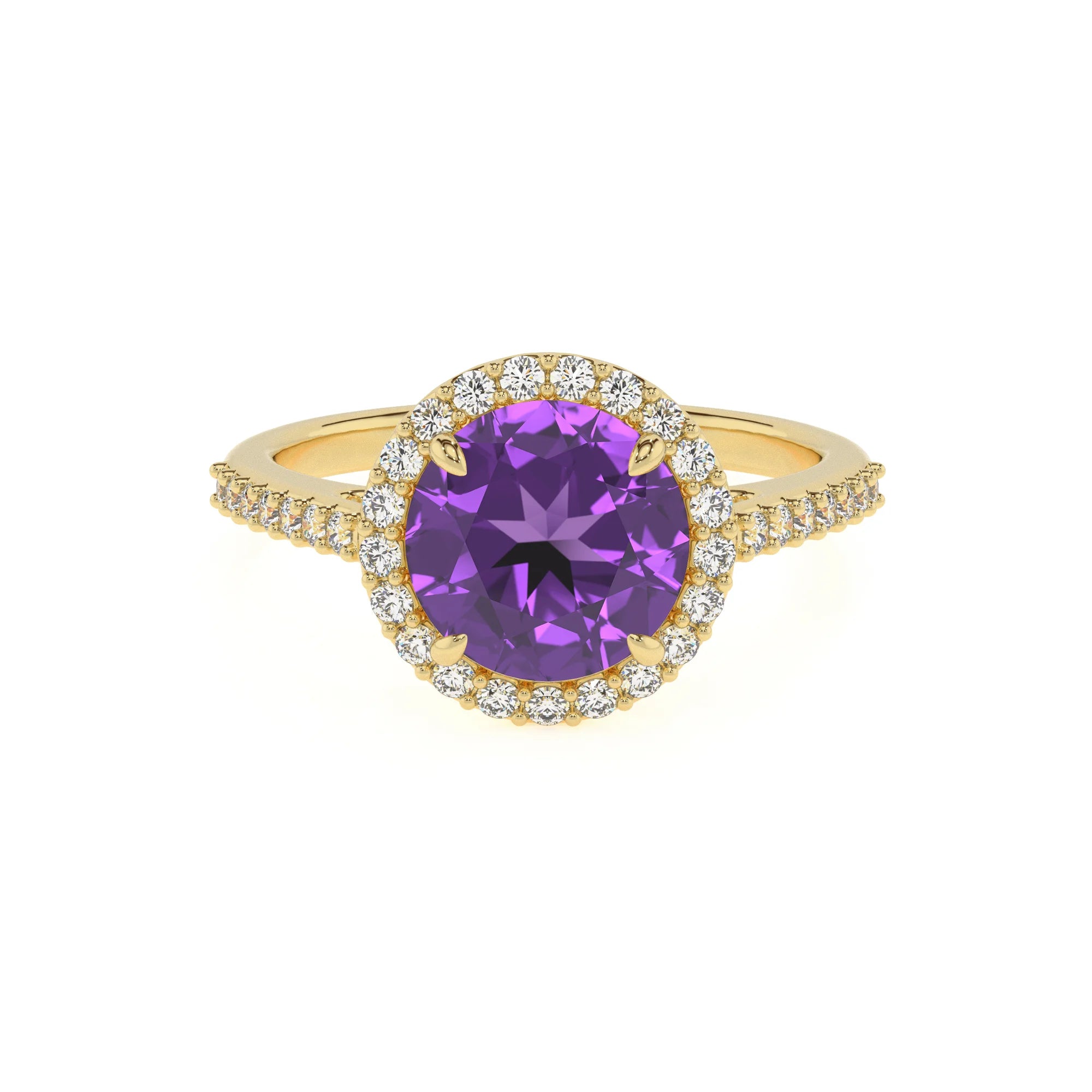 lab grown amethyst round solitaire rings in yellow gold