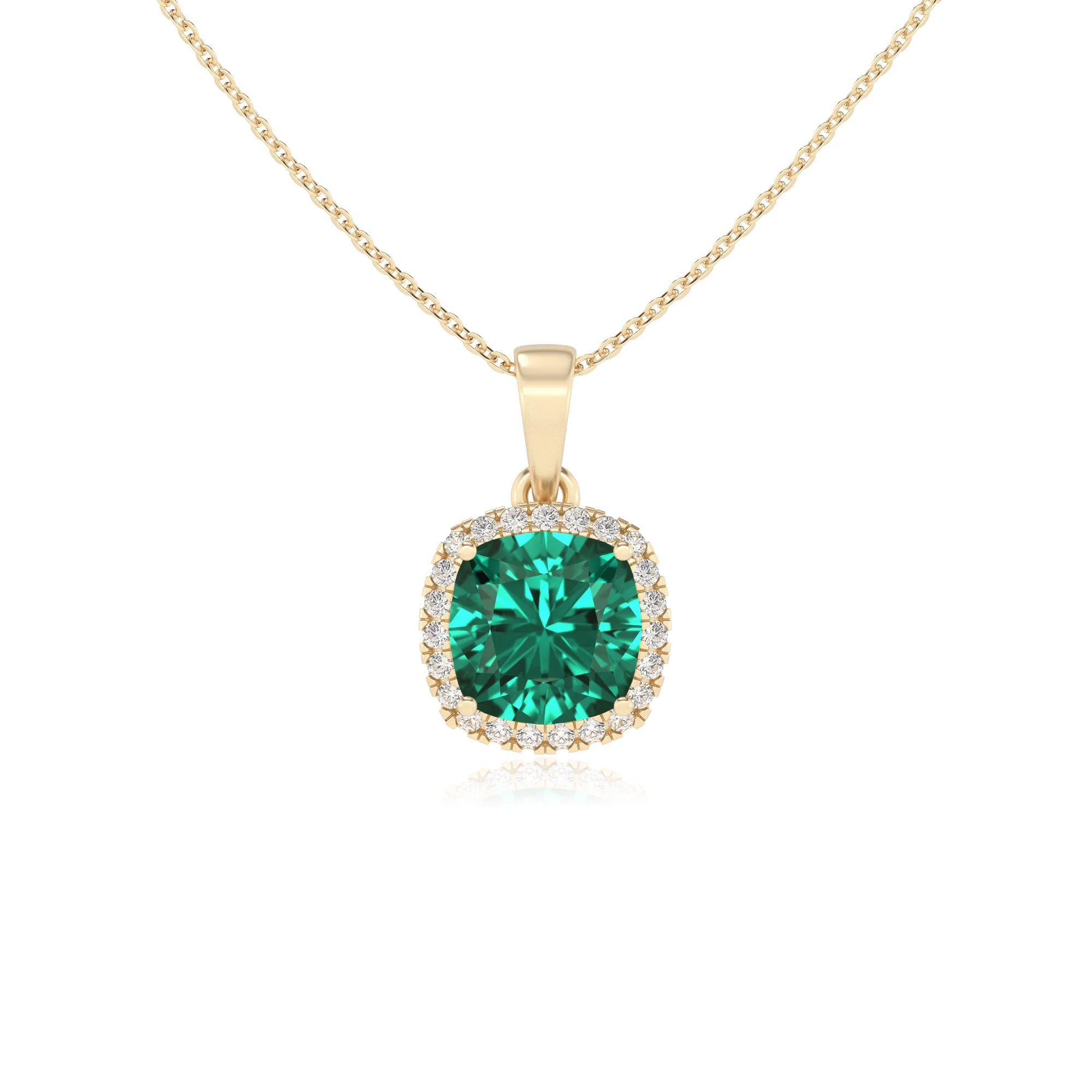 lab grown emerald cushion solitaire necklaces in yellow gold