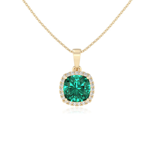 lab grown emerald cushion solitaire necklaces in yellow gold