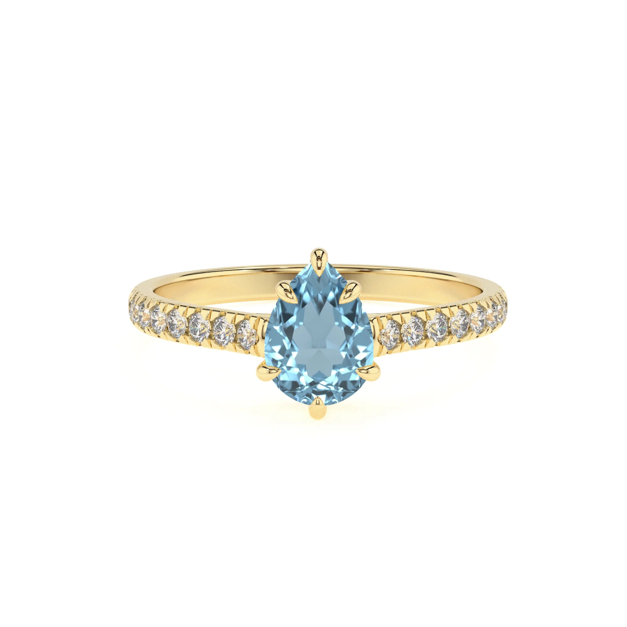 lab grown aquamarine pear half eternity solitaire engagement rings in yellow gold