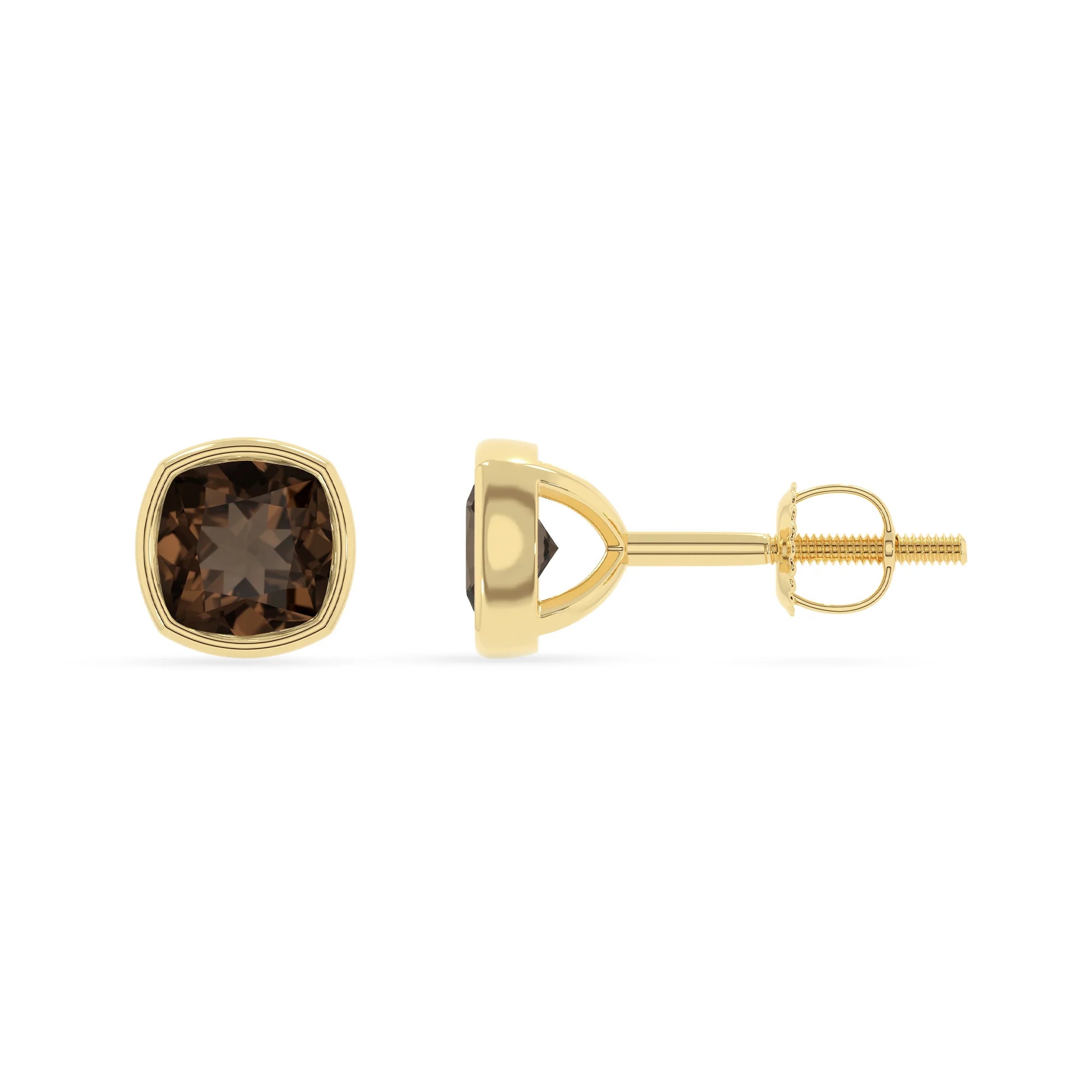 natural smoky quartz cushion stud earrings in yellow gold
