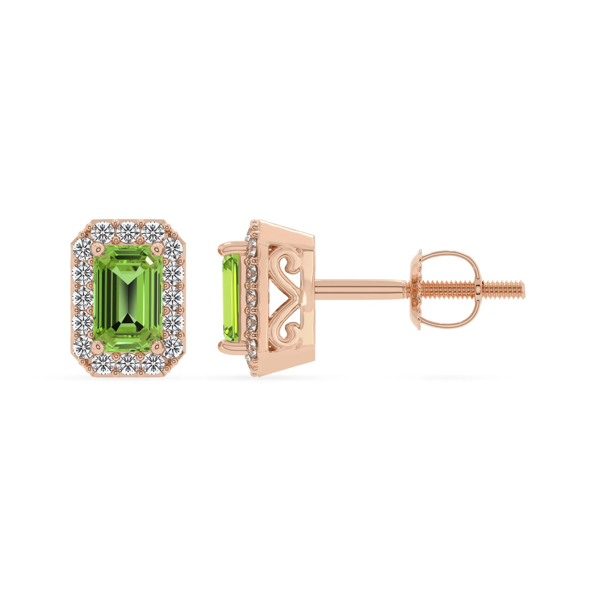 natural peridot emerald cut stud earrings in rose gold