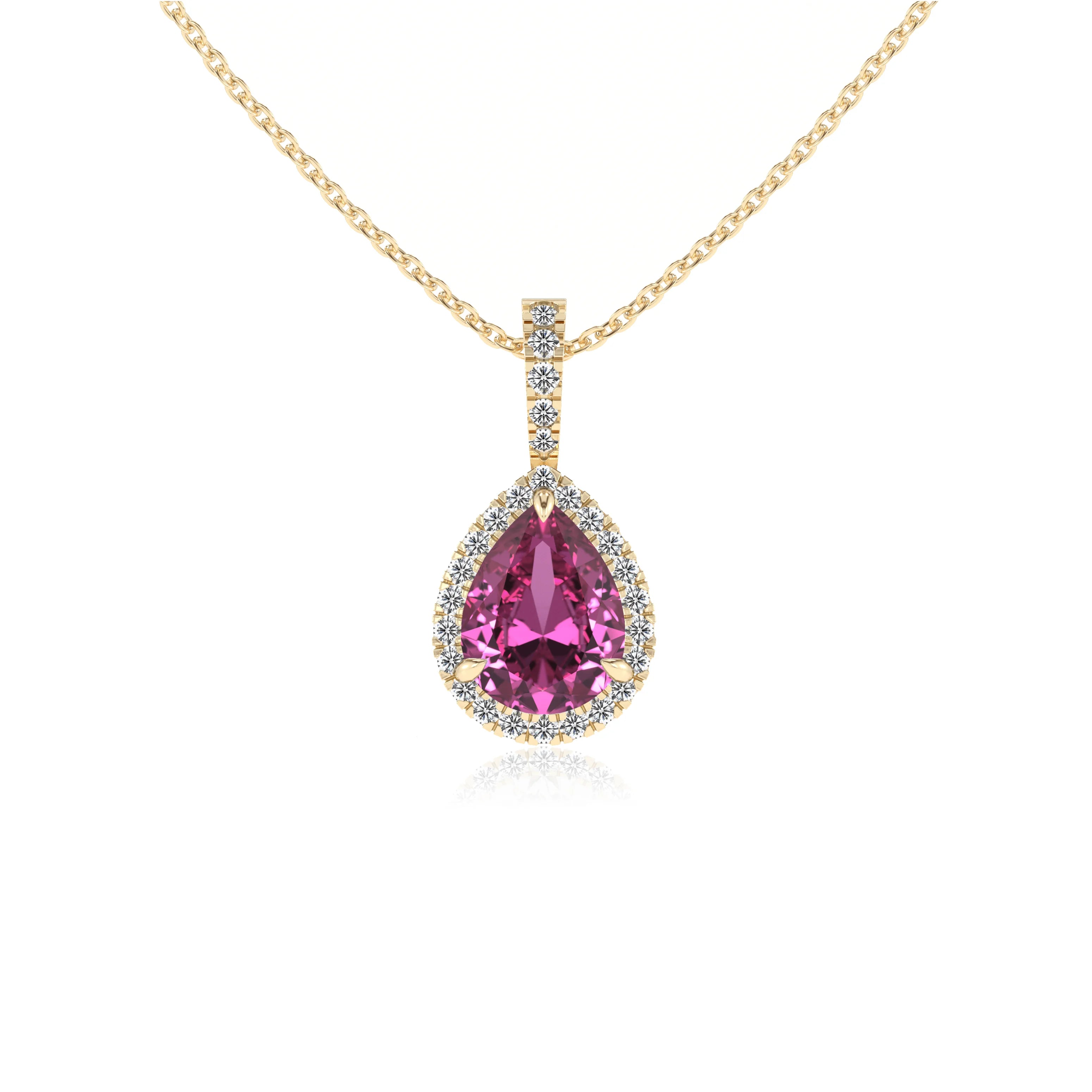 lab grown pink-sapphire pear solitaire necklaces in yellow gold