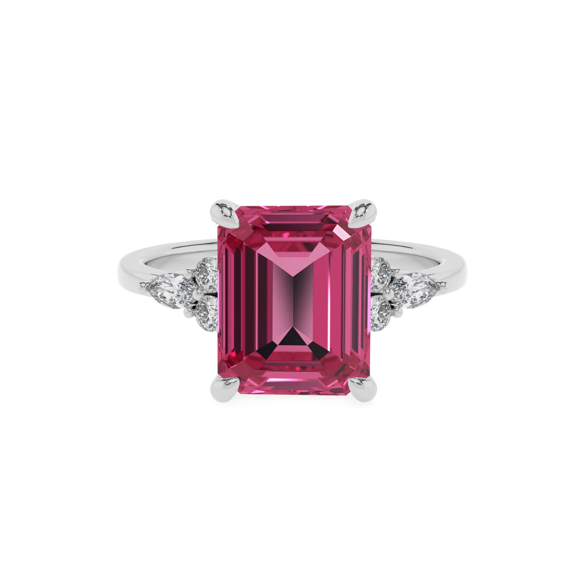 lab grown pink-tourmaline emerald cut solitaire rings in platinum