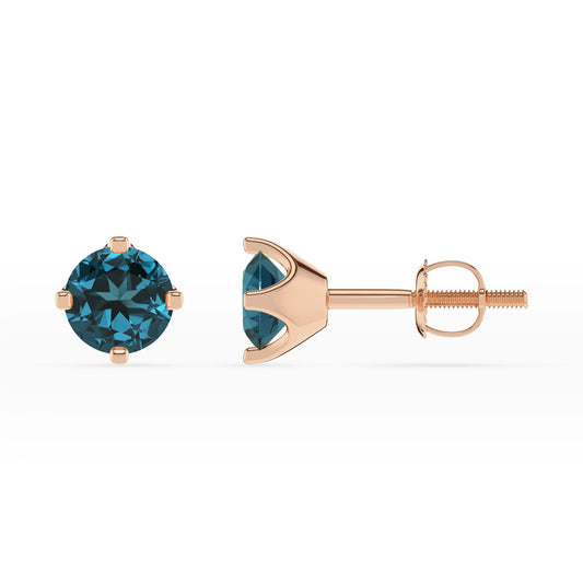 natural london blue topaz round stud earrings in rose gold