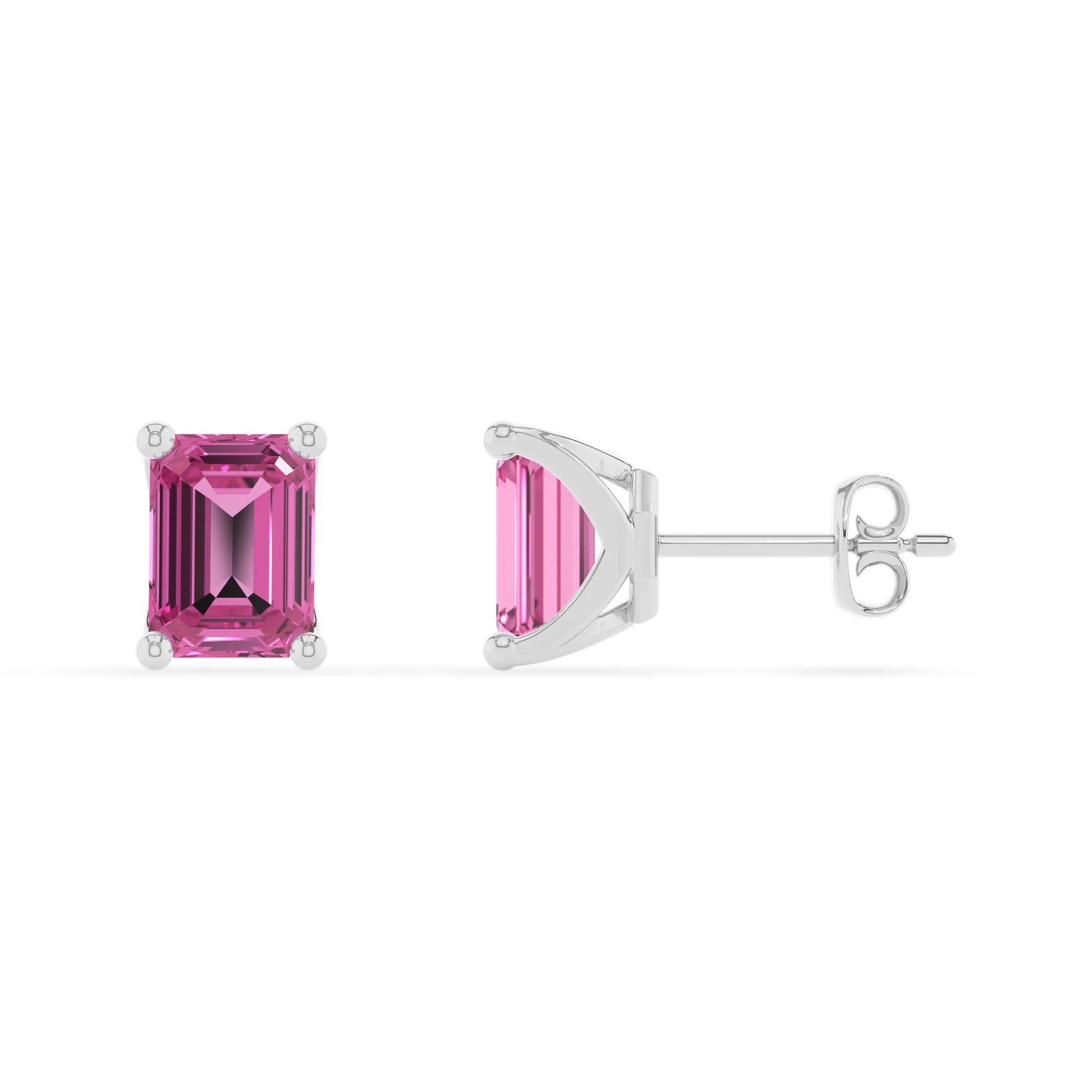 lab grown pink sapphire emerald cut stud earrings in white gold