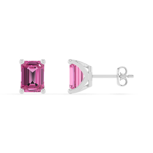 lab grown pink sapphire emerald cut stud earrings in white gold