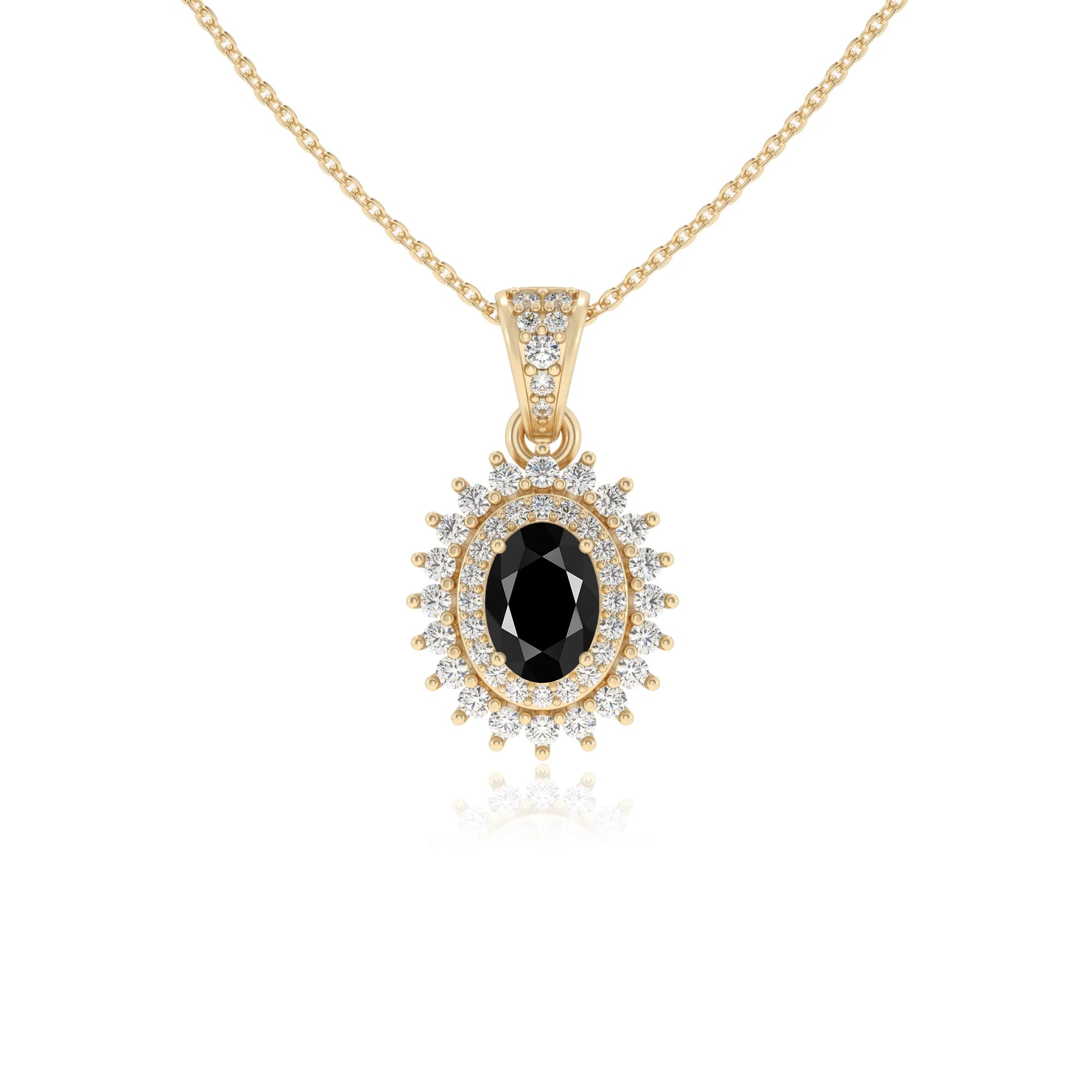 natural black-onyx oval halo necklaces in yellow gold