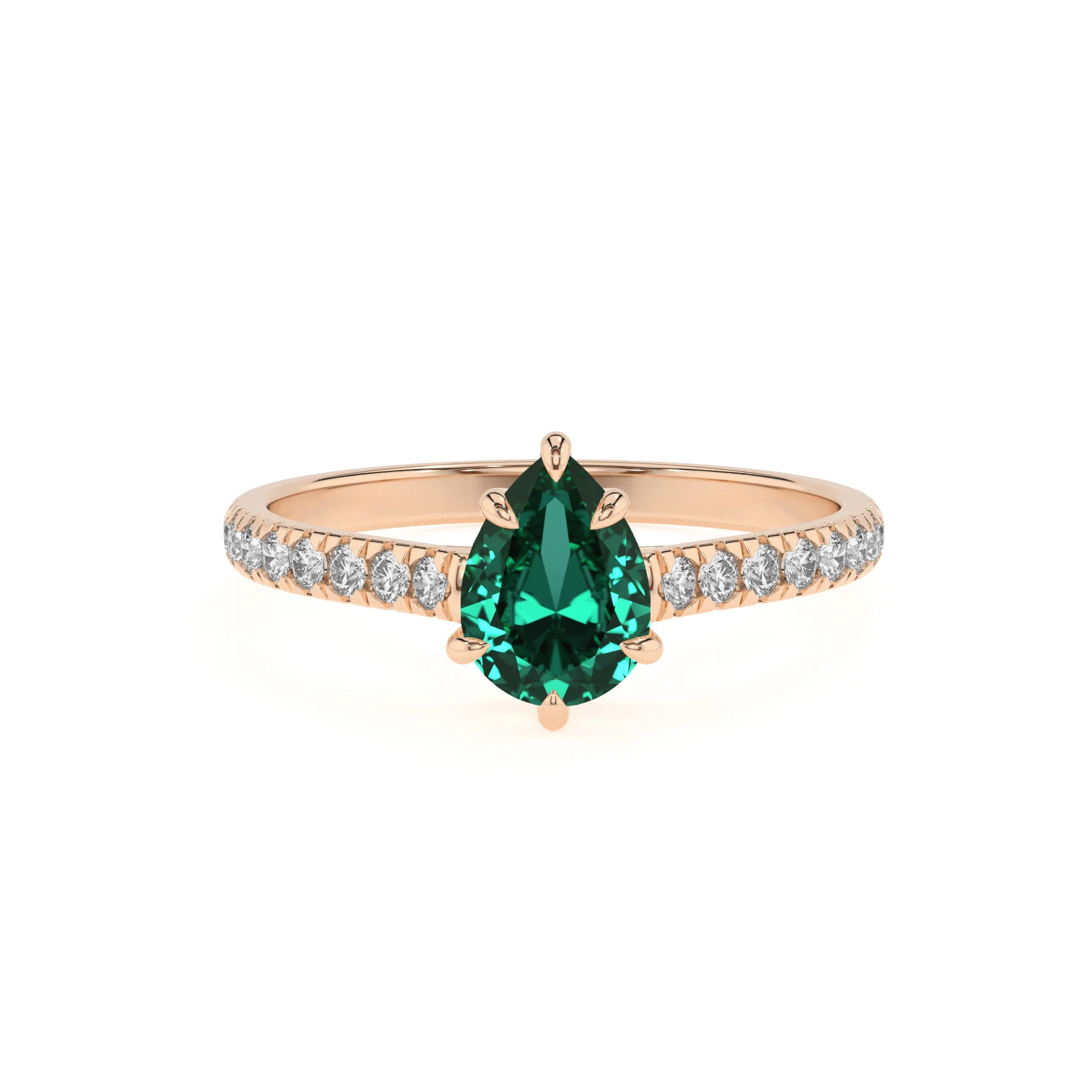 lab grown emerald pear half eternity solitaire engagement rings in rose gold