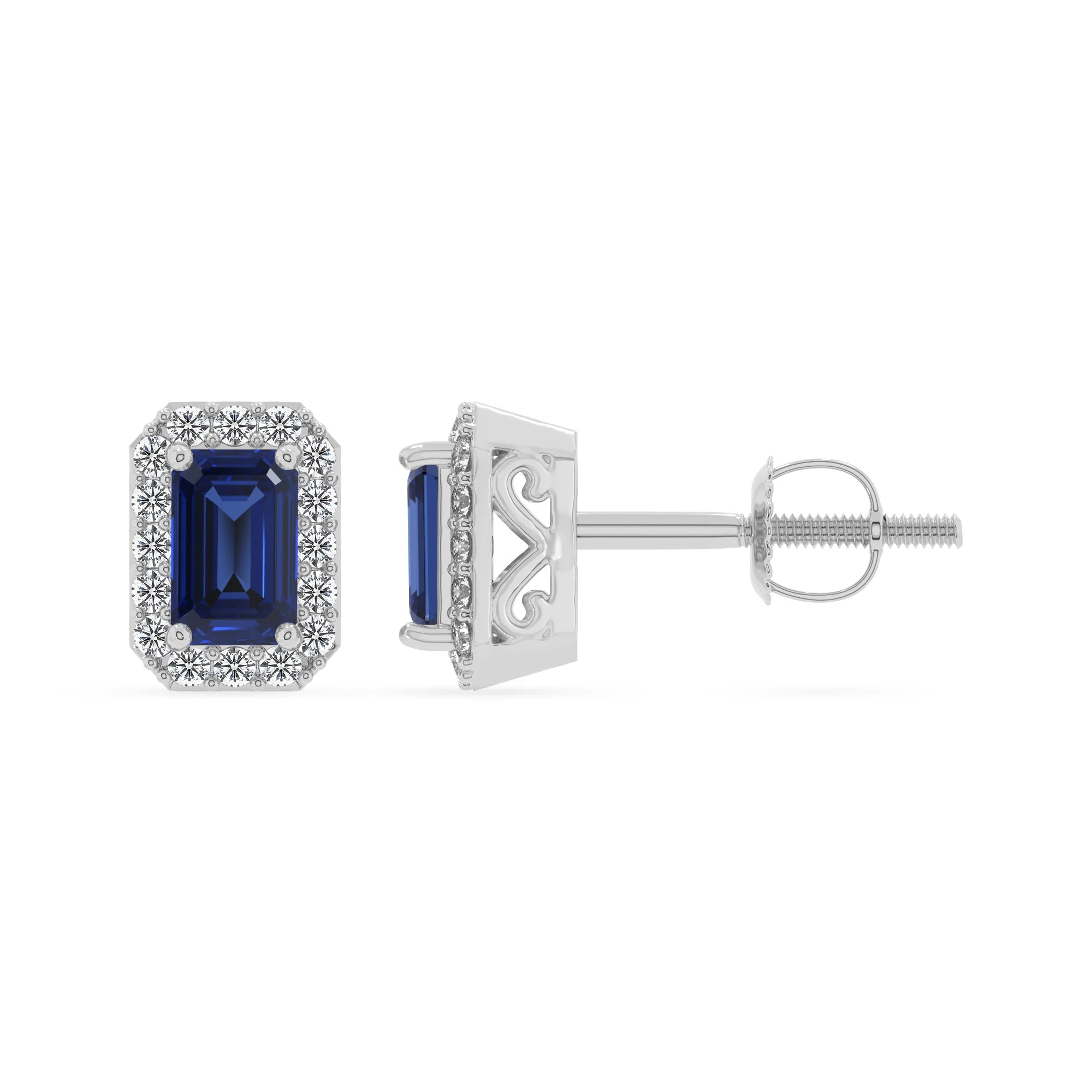 lab grown blue sapphire emerald cut stud earrings in white gold
