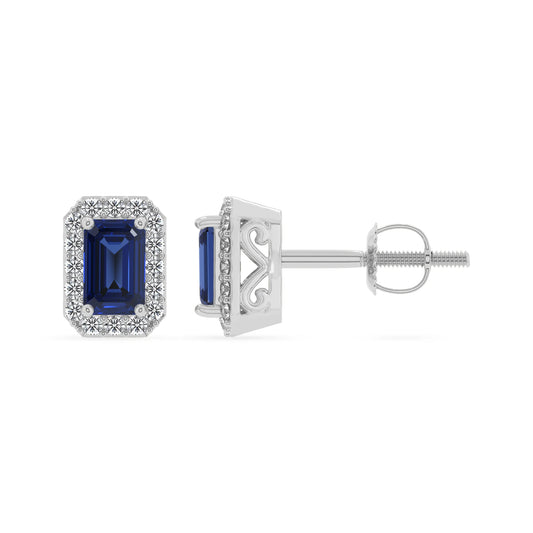 lab grown blue sapphire emerald cut stud earrings in white gold