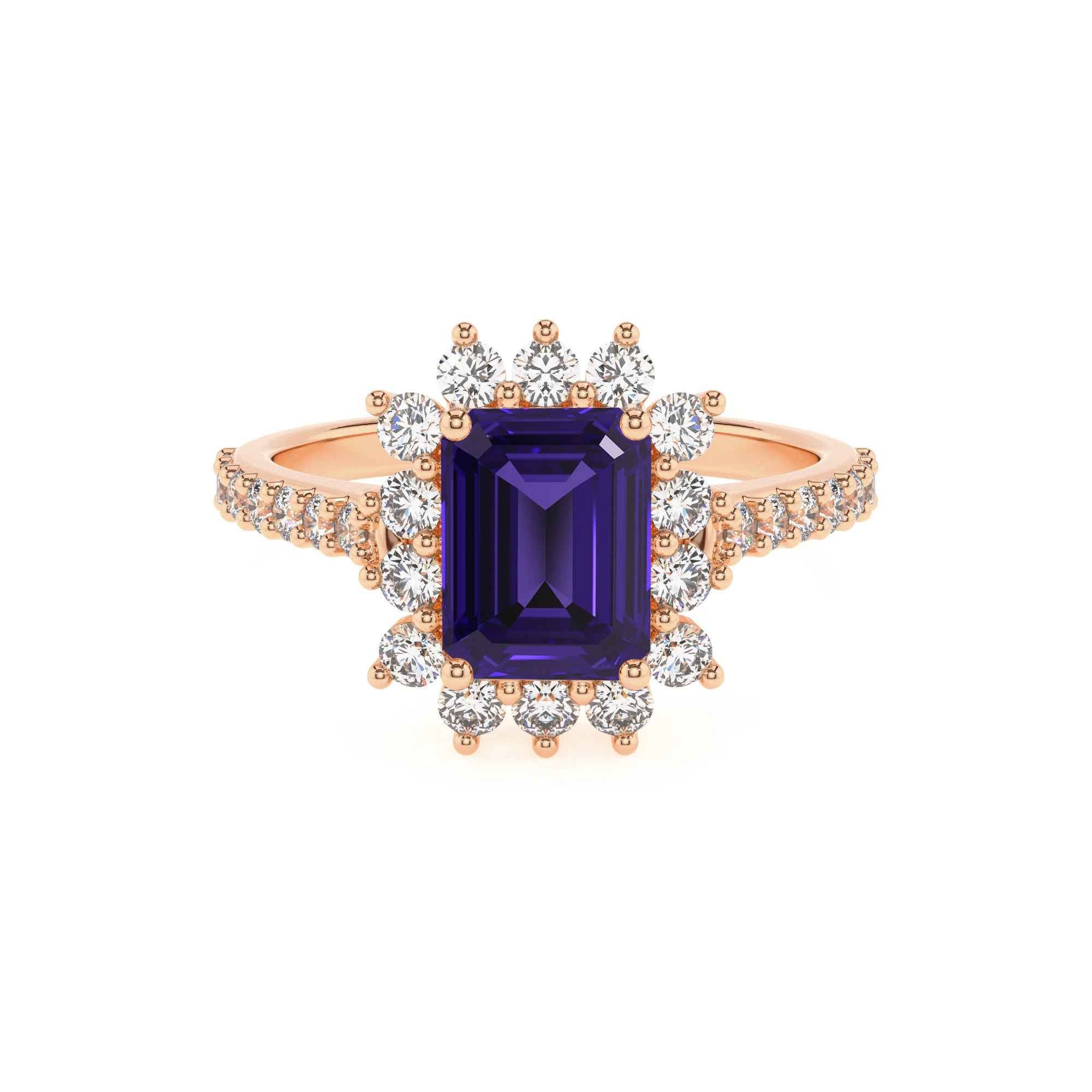 lab grown tanzanite emerald cut solitaire rings in rose gold
